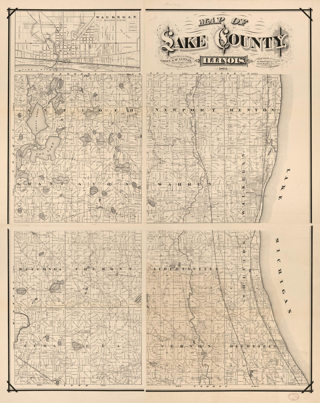 This old map of Map of Lake County, Illinois from 1873 was created by Frost & McLennan in 1873