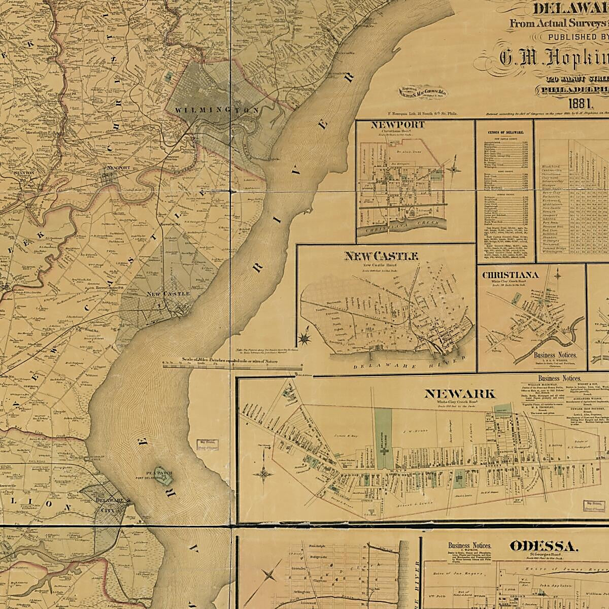 This old map of Map of New Castle County, Delaware : from Actual Surveys & Recotds from 1881 was created by F. (Frederick) Bourquin,  G.M. Hopkins & Co, Griffith Morgan Hopkins,  Walter S. Mac Cormac & Co in 1881