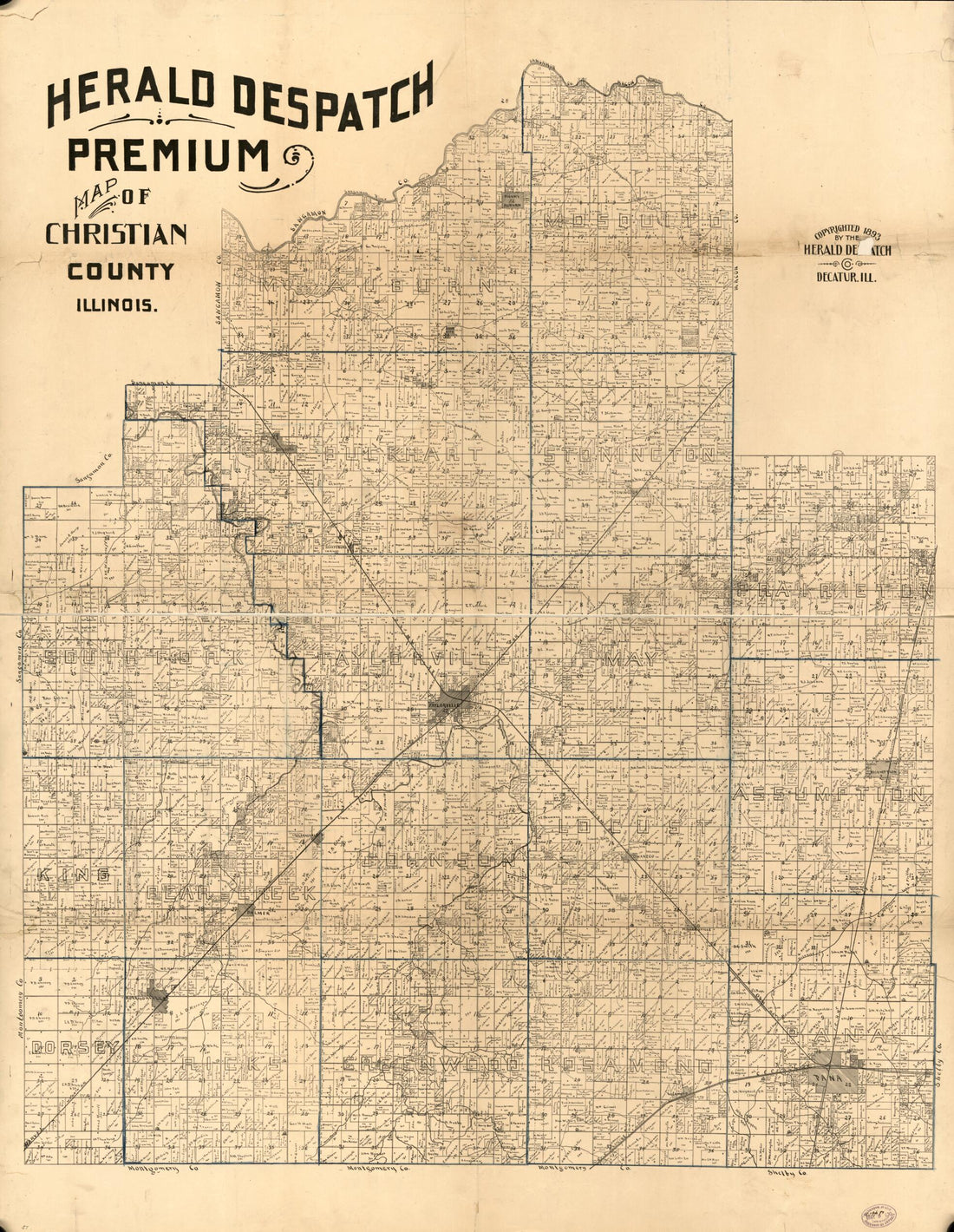 This old map of Herald Despatch Premium Map of Christian County, Illinois from 1893 was created by Herald Despatch Co in 1893