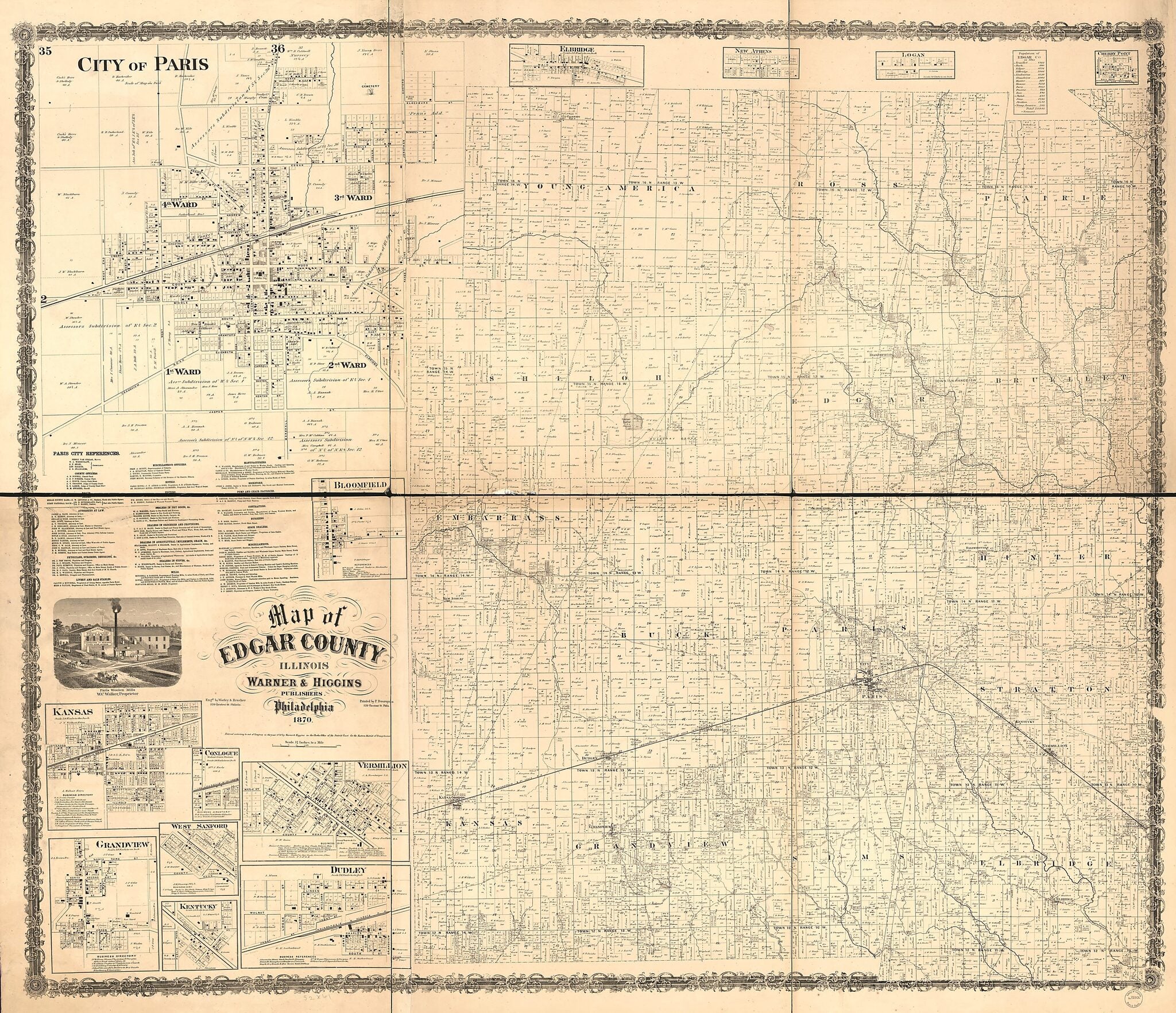 This old map of Map of Edgar County, Illinois from 1870 was created by F. (Frederick) Bourquin, Warner & Higgins, Worley & Bracher in 1870