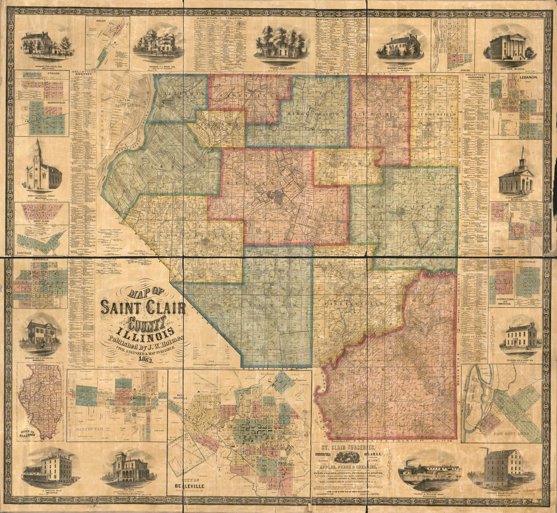 This old map of Map of Saint Clair County, Illinois from 1863 was created by J. W. (Joseph W.) Holmes in 1863