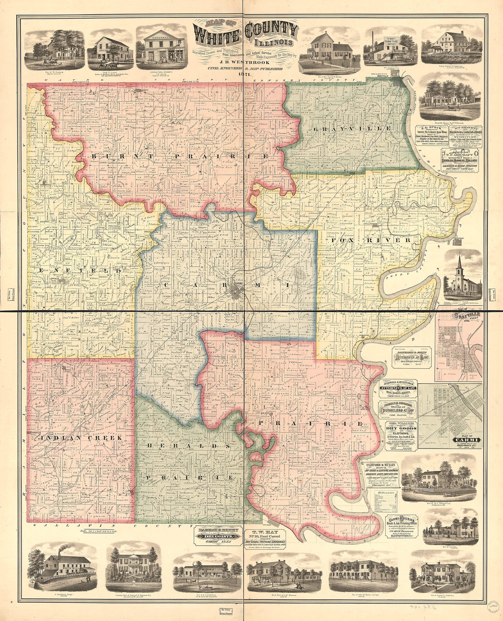 This old map of Map of White County, Illinois from 1871 was created by J. B. Westbrook in 1871