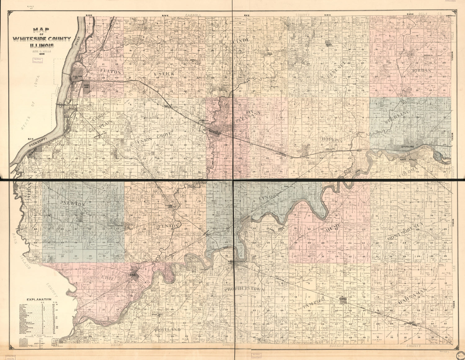 This old map of Map of Whiteside County, Illinois from 1896 was created by Edw. O. Hills in 1896