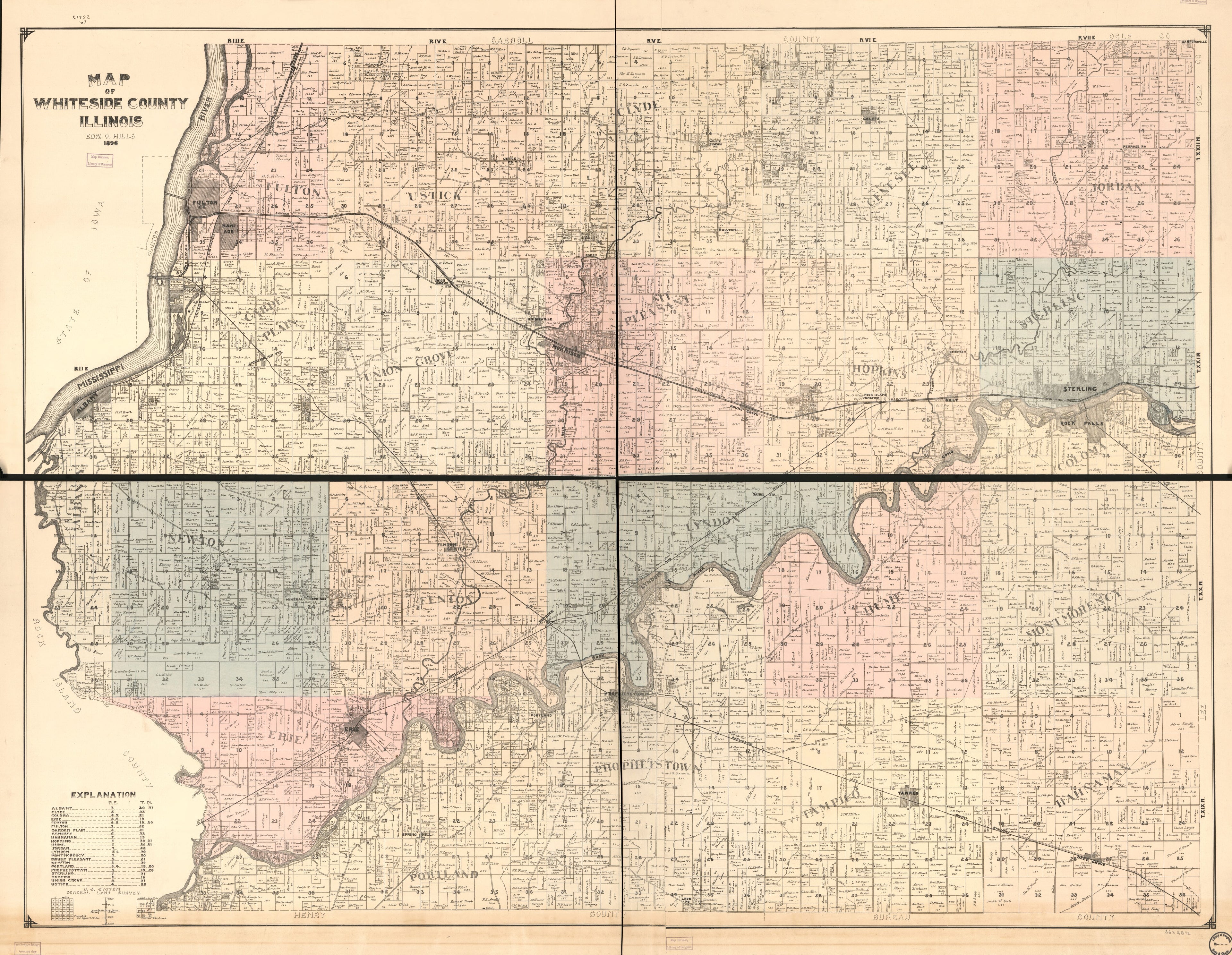 This old map of Map of Whiteside County, Illinois from 1896 was created by Edw. O. Hills in 1896