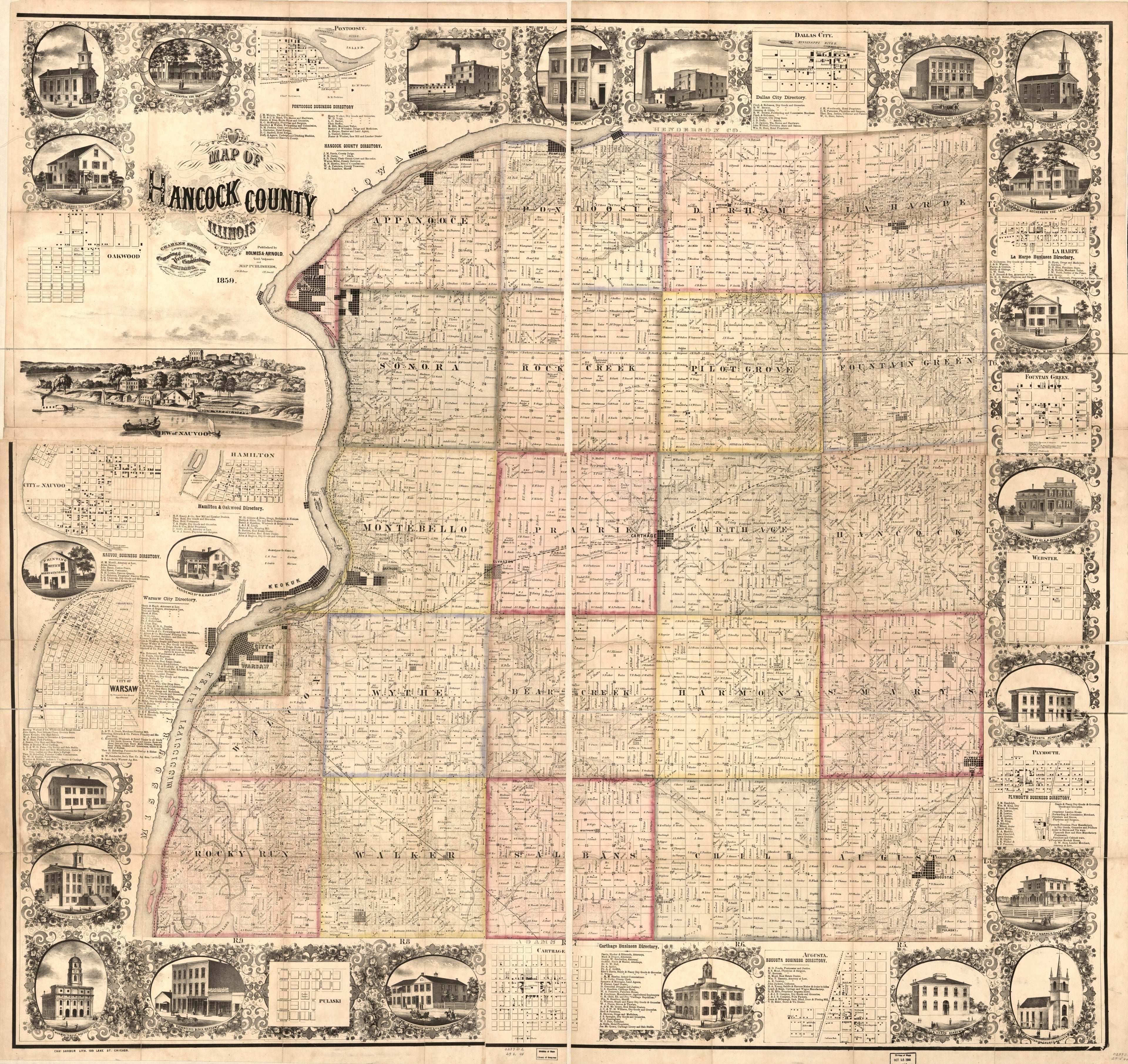 This old map of Map of Hancock County, Illinois from 1859 was created by Holmes & Arnold, Charles Shober in 1859