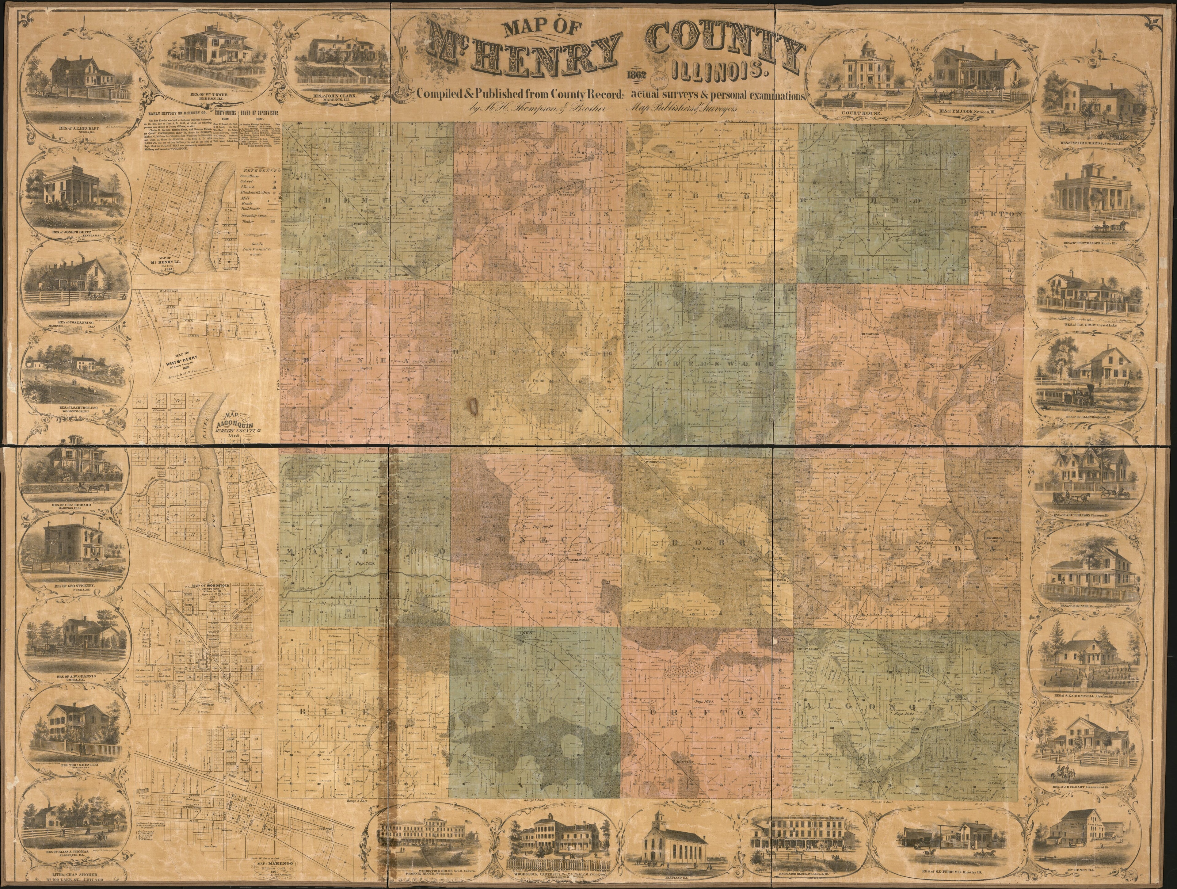 This old map of Map of McHenry County, Illinois from 1862 was created by M.H. Thompson & Bro in 1862
