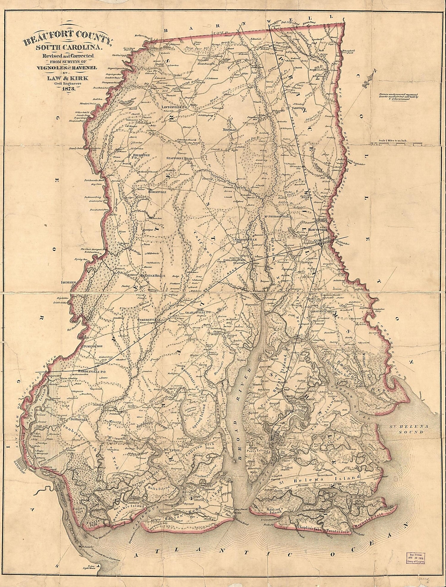 This old map of Beaufort County, South Carolina from 1873 was created by Henry Ravenel, Charles Blacker Vignoles in 1873