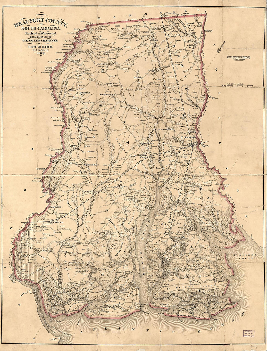 This old map of Beaufort County, South Carolina from 1873 was created by Henry Ravenel, Charles Blacker Vignoles in 1873