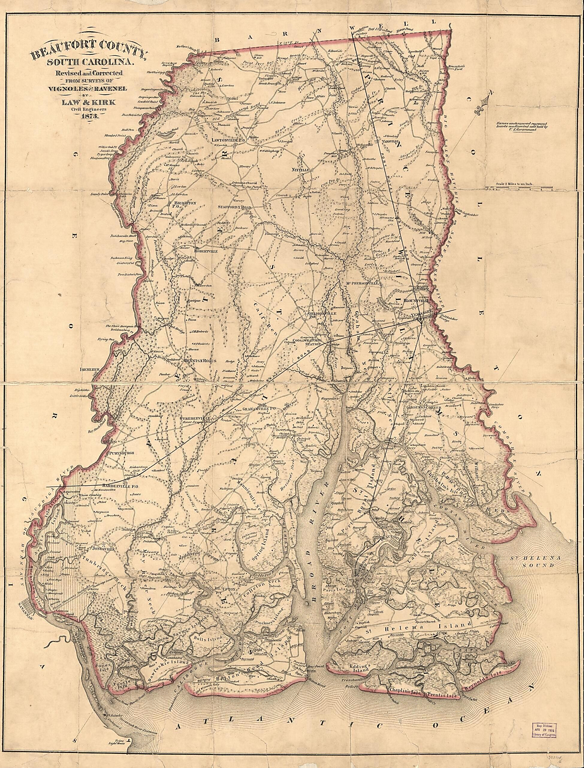 This old map of Beaufort County, South Carolina from 1873 was created by Henry Ravenel, Charles Blacker Vignoles in 1873