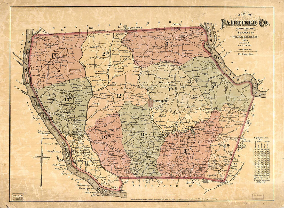 This old map of Map of Fairfield County, South Carolina (Fairfield County, South Carolina) from 1876 was created by B. E. (Balis Earl) Elkin, William B. (William Barnes) Elkin, J.L. Smith Co in 1876