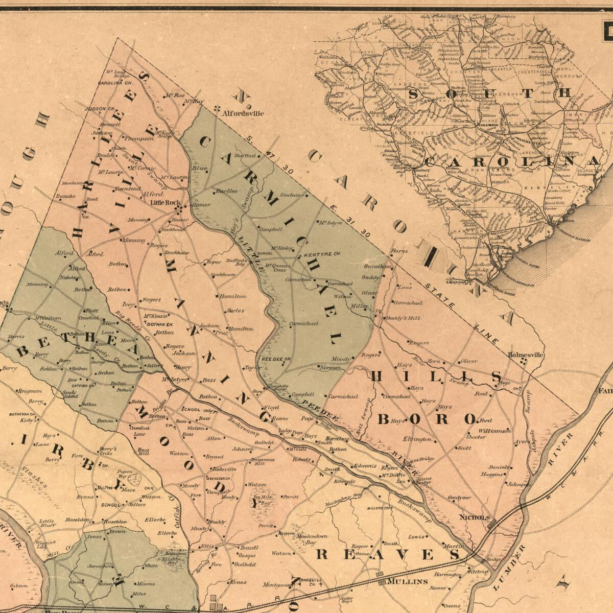 This old map of Map of Marion County, South Carolina : a Complete Map Showing the Townships, Public Roads & Principle Residences, Besides Other Things Not Found On Any Other Map of the County (Marion County, South Carolina) from 1882 was created by P. Y. Bethea, Thomas Harlee in 1882