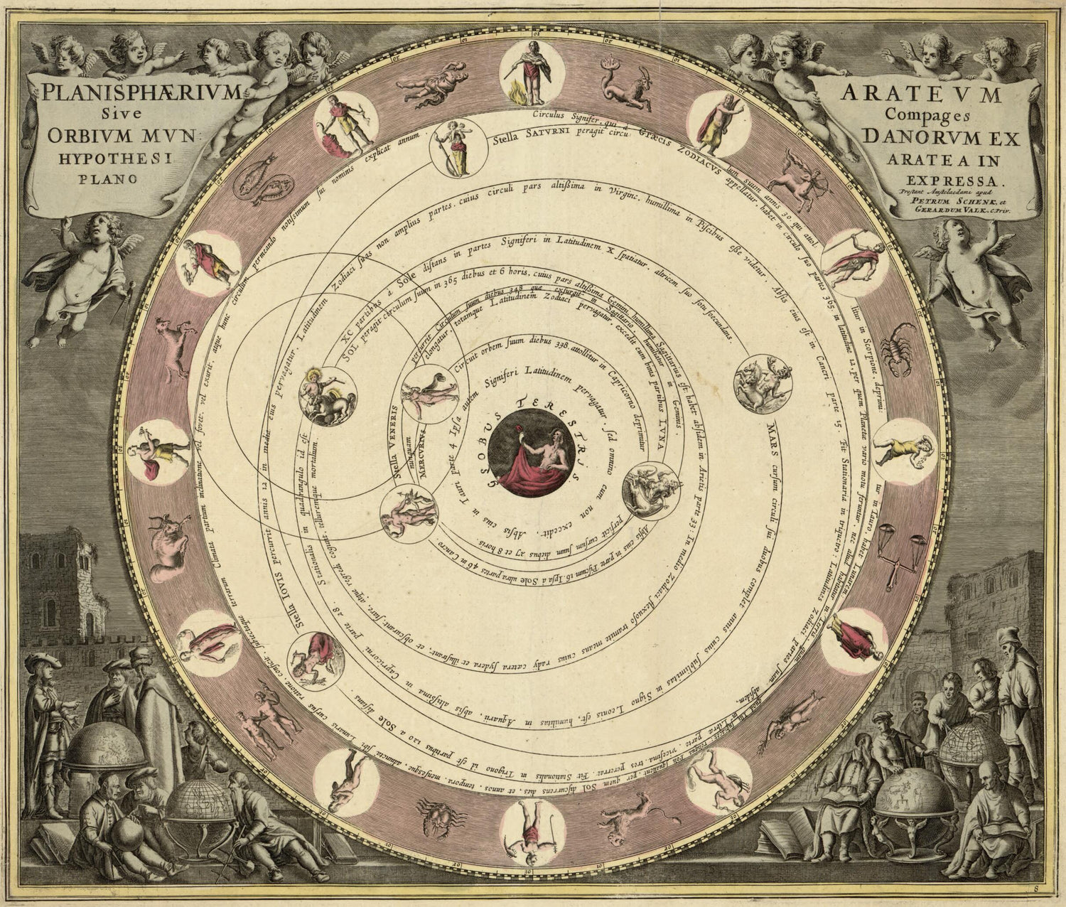 This old map of Planisphaerivm Aratevm Sive Compages Orbivm Mvndanorvm Ex Hypothesi Aratea In Plano Expressa. (Planisphaerium Arateum Sive Compages Orbium Mundanorum Ex Hypothesi Aratea In Plano Expressa) from 1708 was created by Andreas Cellarius, Peter