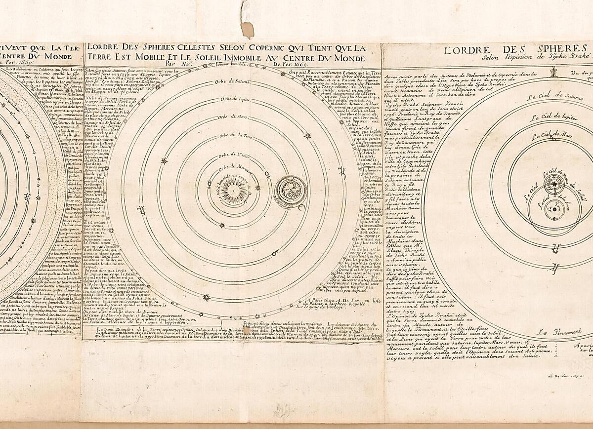 This old map of Three Maps of the Cosmological Systems of Ptolemy, Copernicus, and Brahe from 1669 was created by Nicolas De Fer in 1669