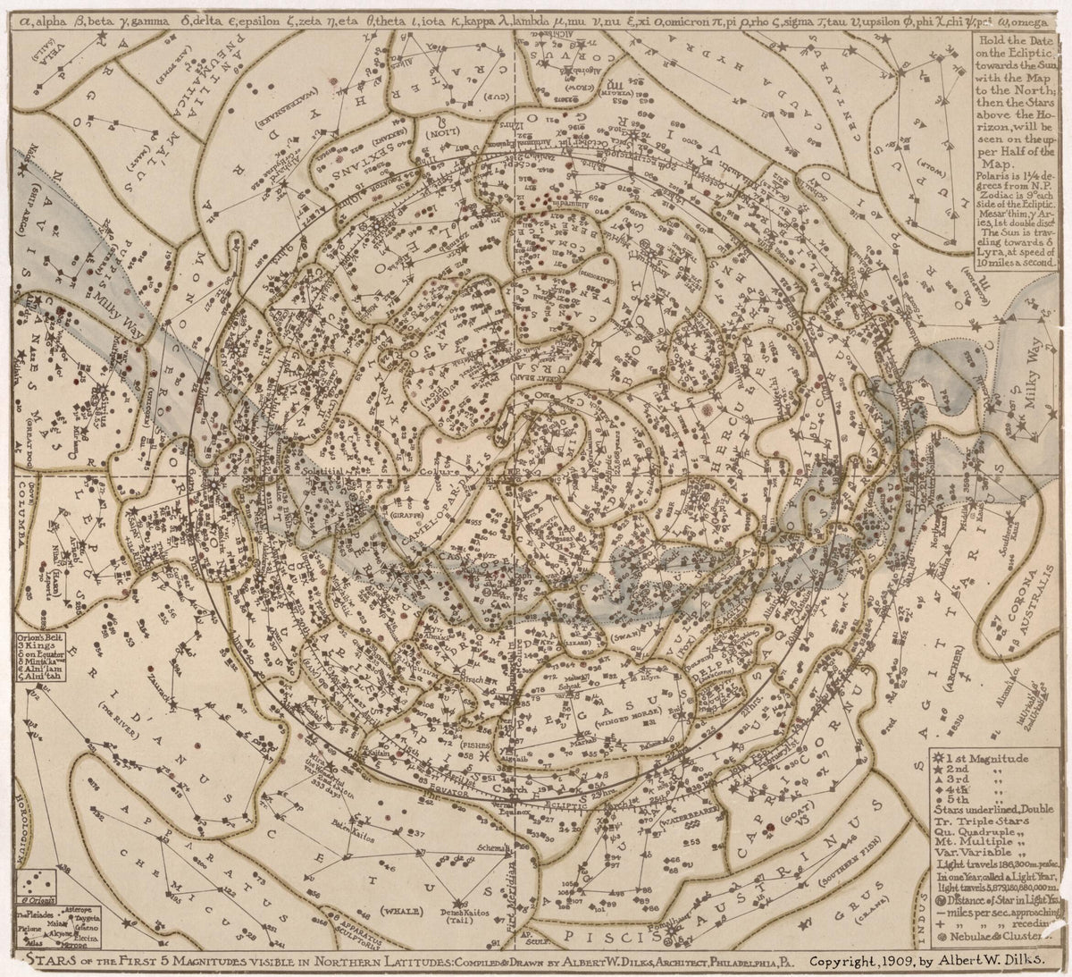 Stars of the First Five Magnitudes Visible In Northern Latitudes in 1909 by Relic Map Company