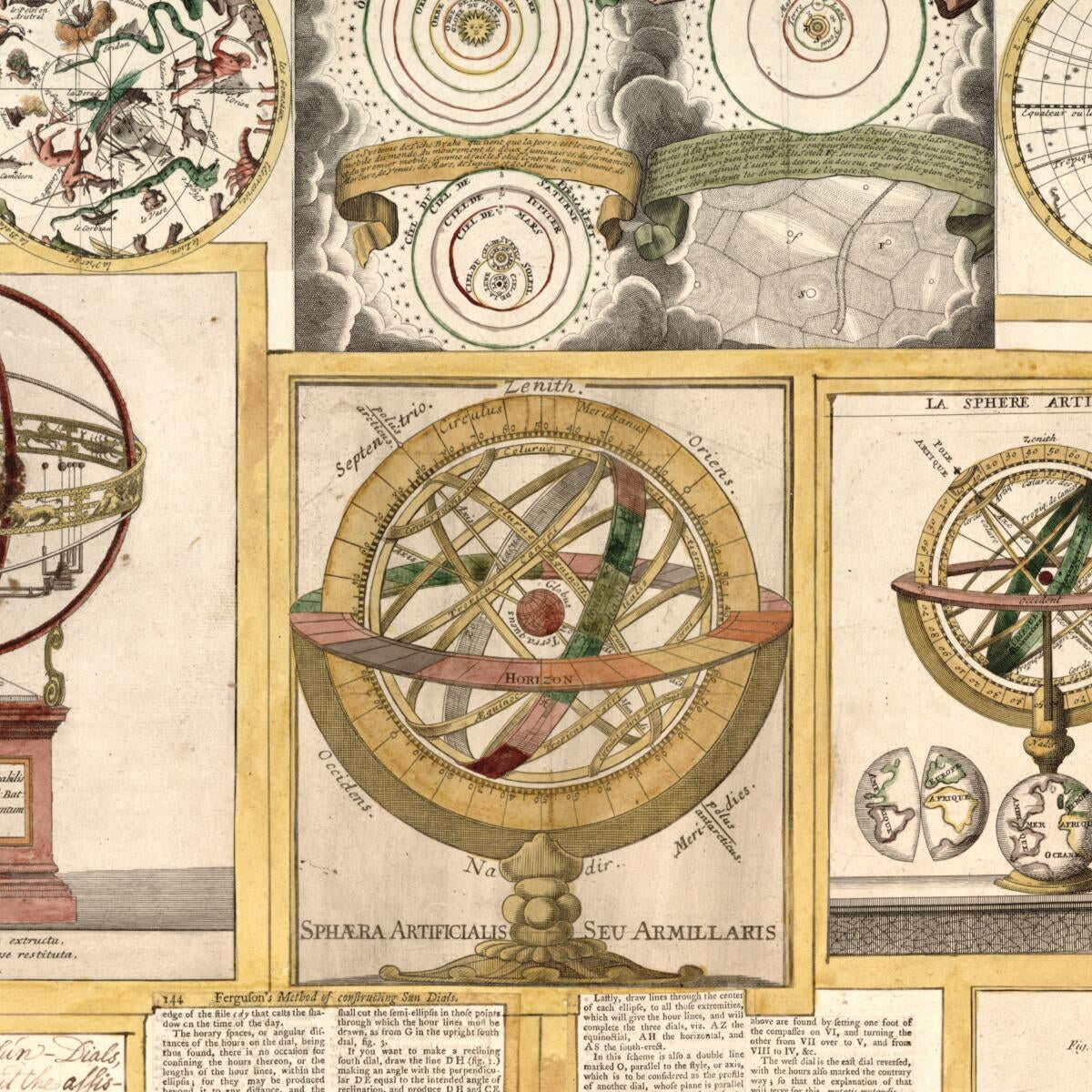 This old map of Collection of Nine Images Including Astronomical Instruments, Celestial Charts, and a World Map from 1769 was created by James Ferguson in 1769