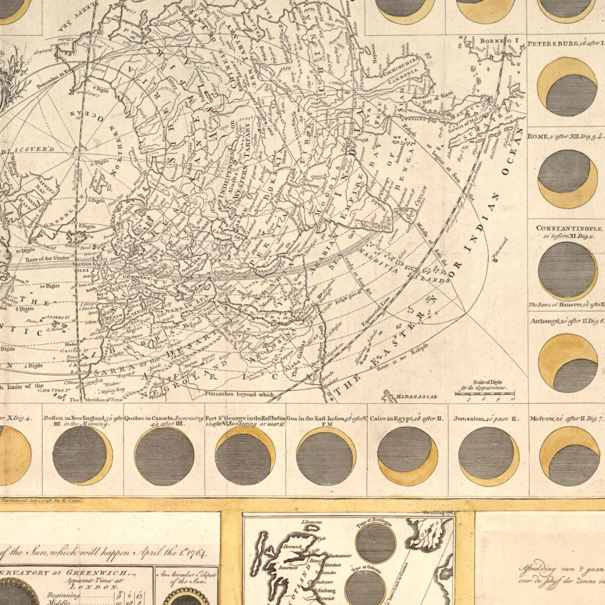 This old map of The Geography of the Great Solar Eclipse of July 14 MDCCXLVIII : Exhibiting an Accurate Map of All Parts of the Earth In Which It Will Be Visible, With the North Pole, According to the Latest Discoveries from 1748 was created by Edward Cave, George Smith in 1748