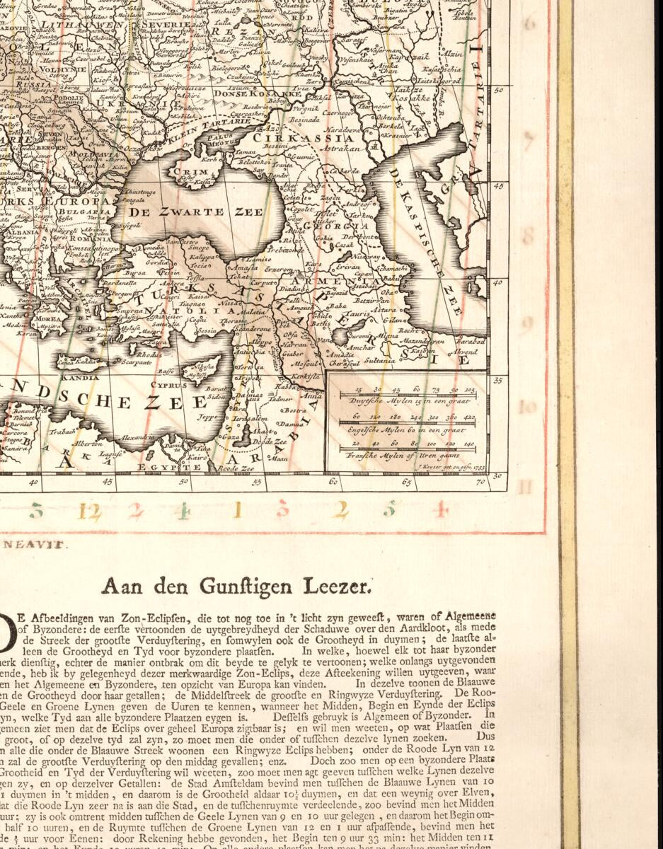 This old map of Eclipsis Solis Ad 25. Julii Ao. from 1748 In Europa a Spectandae Nova Delineatio, Qua Praeter Quantitatem, Tempora Incipientis Mediae & Finientis Eclipsis, Omnibus Locis Propria, Nova Omnino & Nunquam Edita Methodo Ostenduntur (Eclipsis S