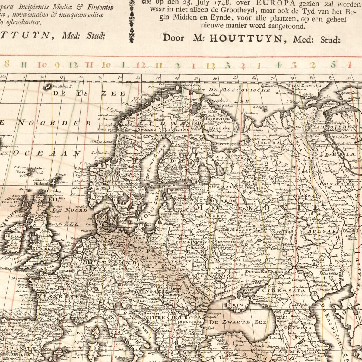 This old map of Eclipsis Solis Ad 25. Julii Ao. from 1748 In Europa a Spectandae Nova Delineatio, Qua Praeter Quantitatem, Tempora Incipientis Mediae & Finientis Eclipsis, Omnibus Locis Propria, Nova Omnino & Nunquam Edita Methodo Ostenduntur (Eclipsis S