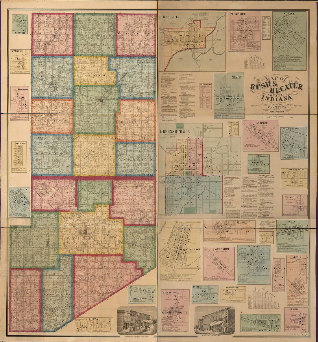 This old map of Map of Rush & Decatur Counties, Indiana from 1867 was created by A. Warner in 1867