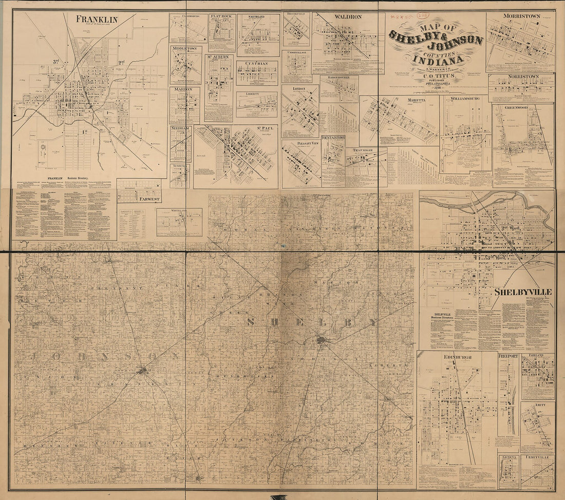 This old map of Map of Shelby & Johnson Counties, Indiana from 1866 was created by F. (Frederick) Bourquin, A. Warner in 1866