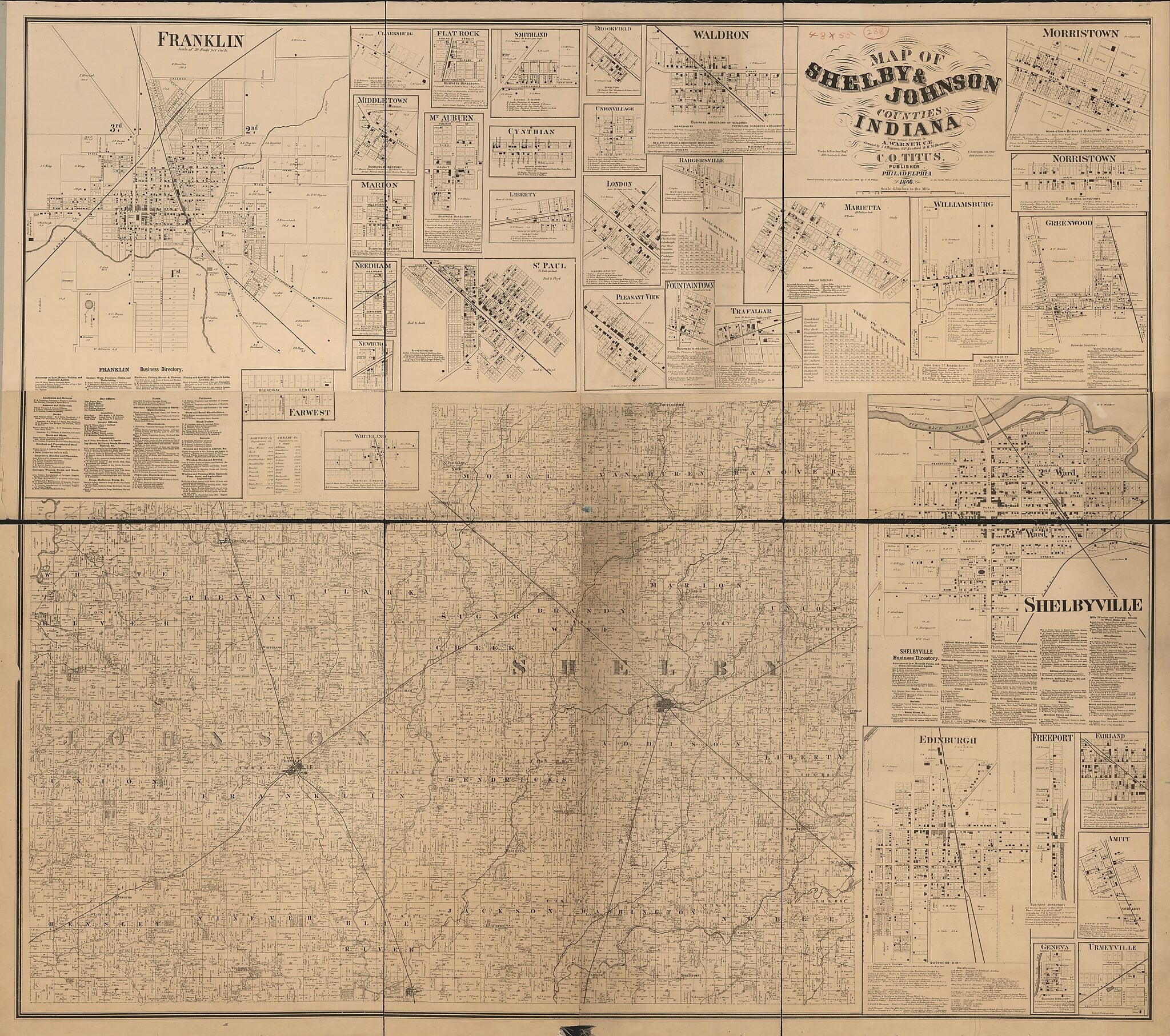 This old map of Map of Shelby & Johnson Counties, Indiana from 1866 was created by F. (Frederick) Bourquin, A. Warner in 1866