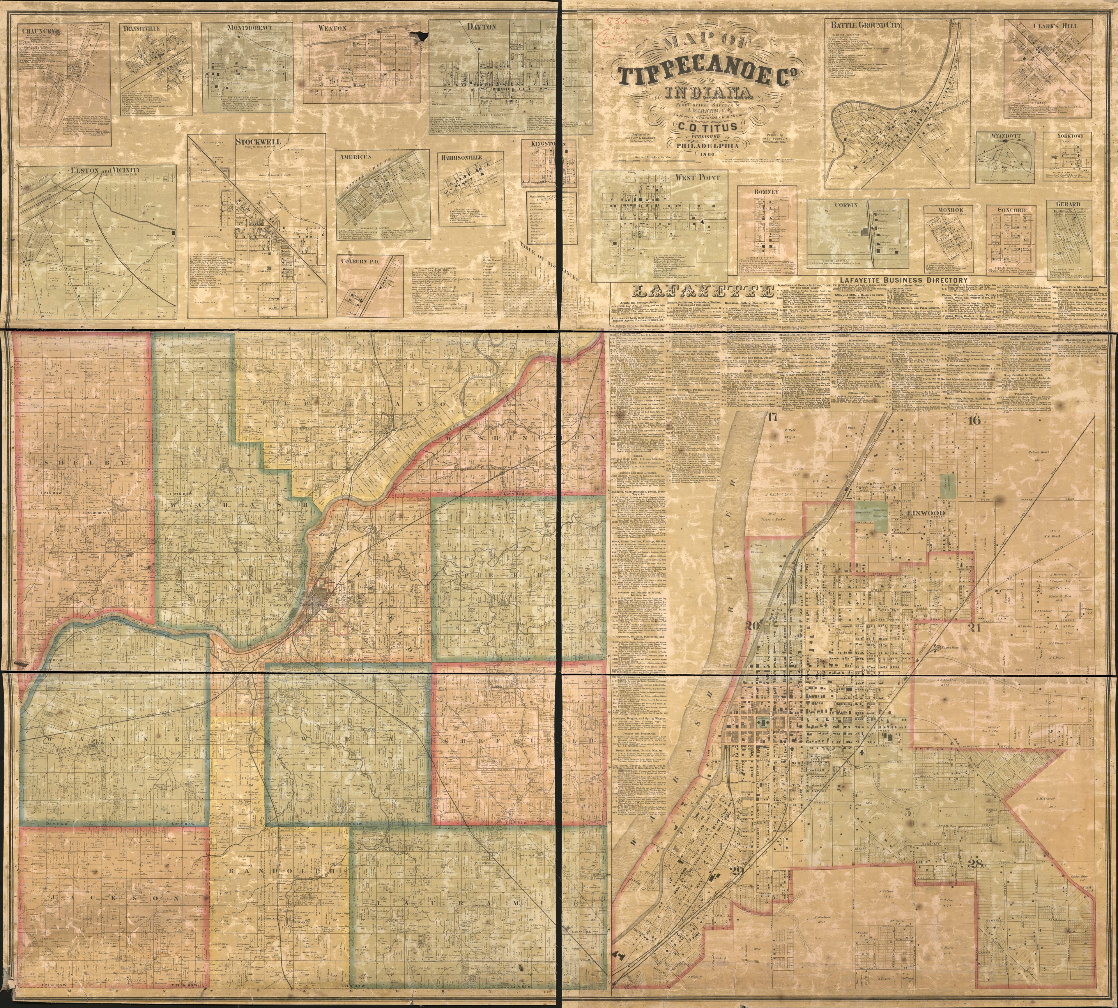 This old map of Map of Tippecanoe Co., Indiana from 1866 was created by A. Warner in 1866