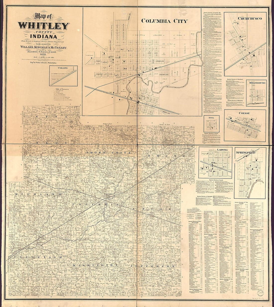 This old map of Map of Whitley County, Indiana from 1900 was created by Kingman & McConahy Willard, Worley & Bracher in 1900