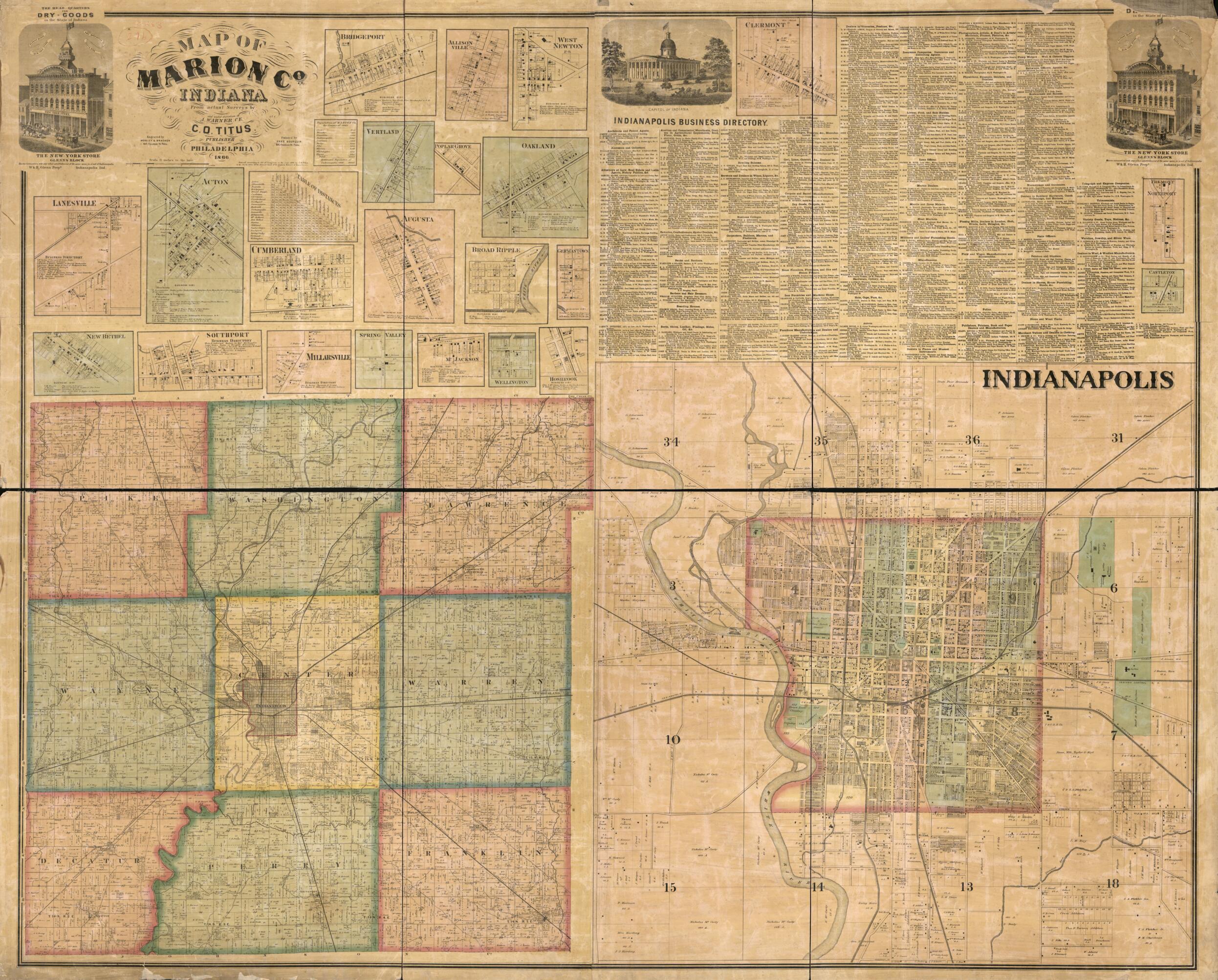 This old map of Map of Marion County, Indiana from 1866 was created by F. (Frederick) Bourquin, A. Warner, Worley & Bracher in 1866