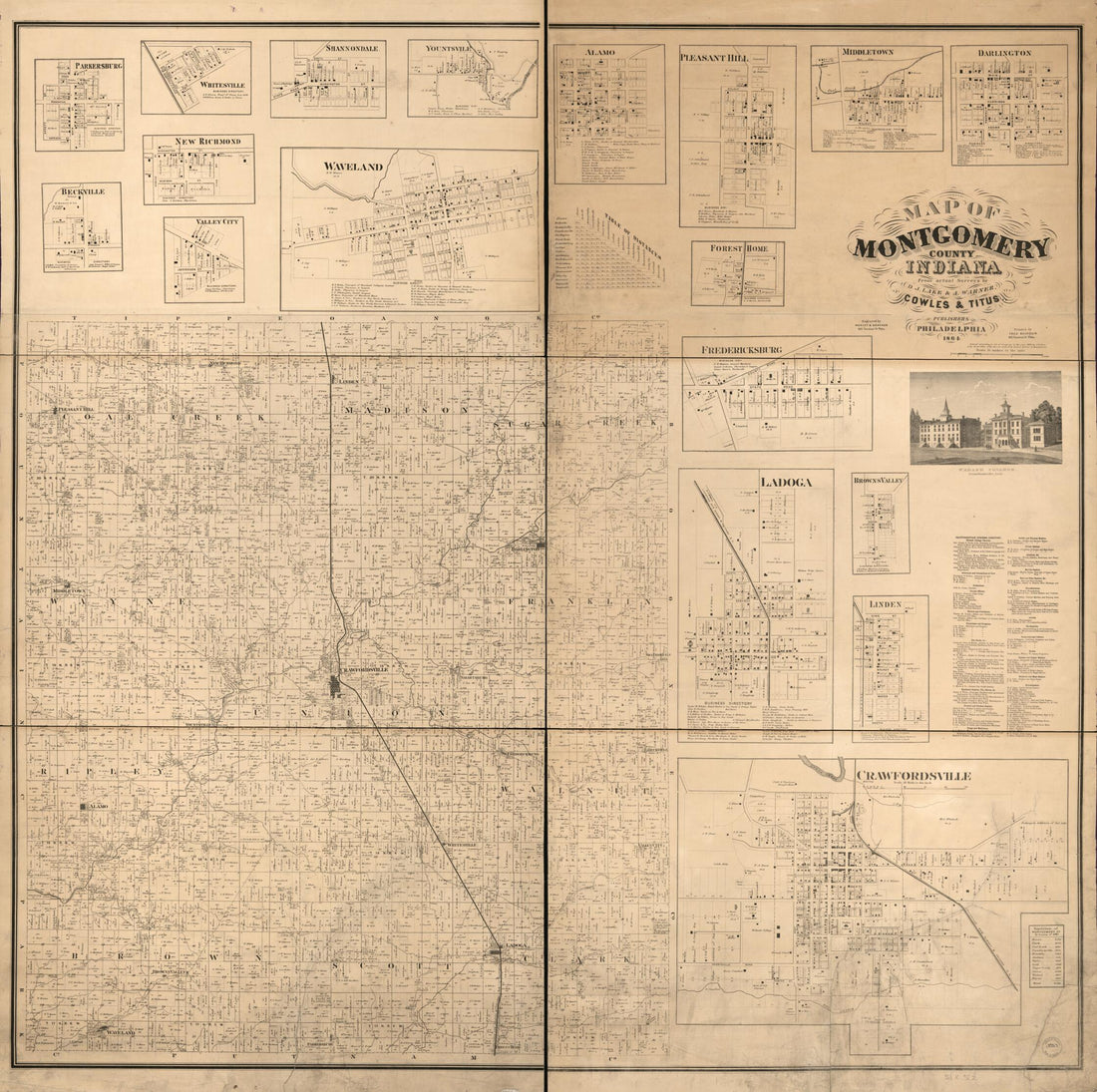 This old map of Map of Montgomery County, Indiana from 1864 was created by F. (Frederick) Bourquin, D. J. Lake, A. Warner, Worley & Bracher in 1864