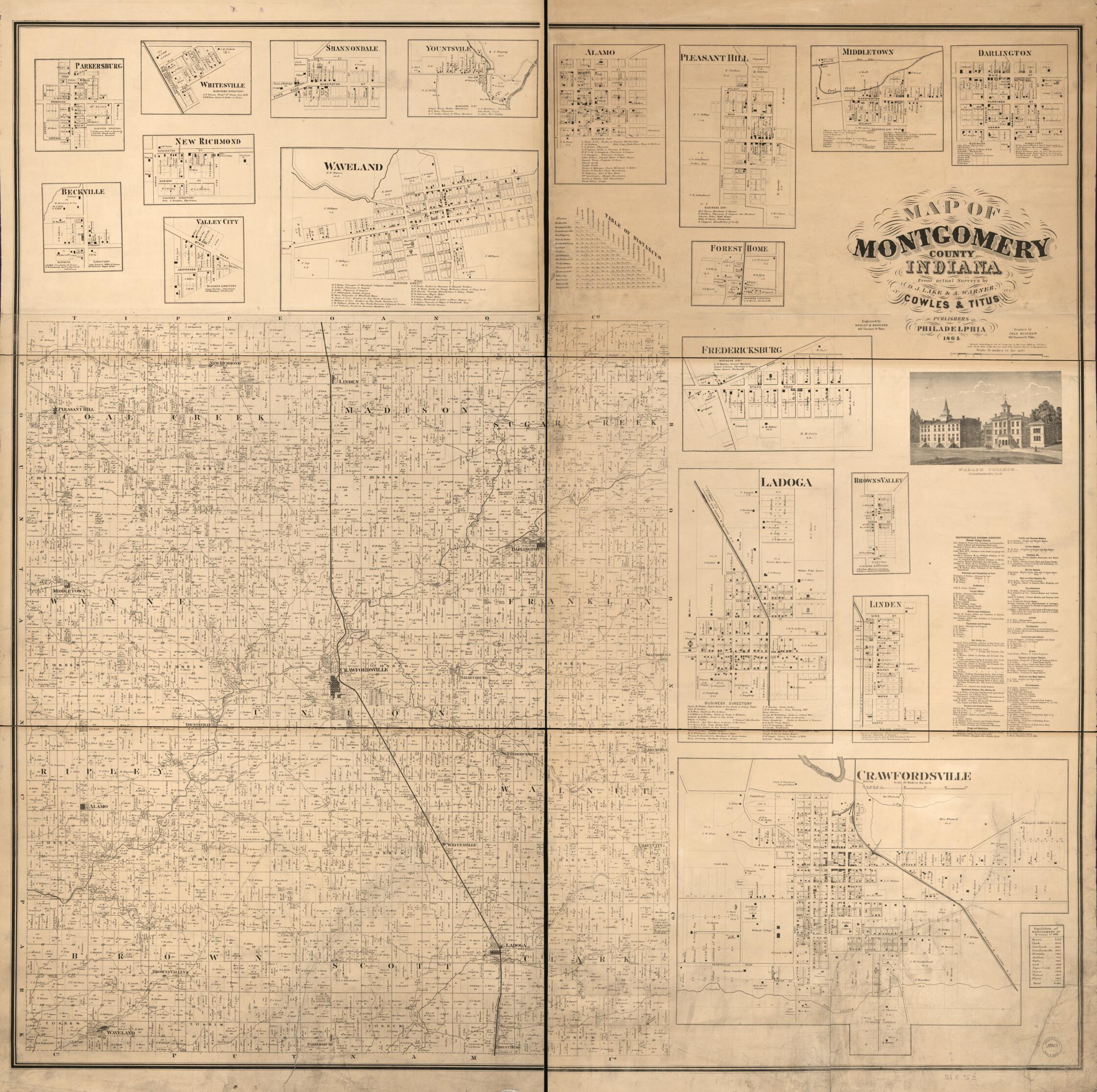 This old map of Map of Montgomery County, Indiana from 1864 was created by F. (Frederick) Bourquin, D. J. Lake, A. Warner, Worley & Bracher in 1864