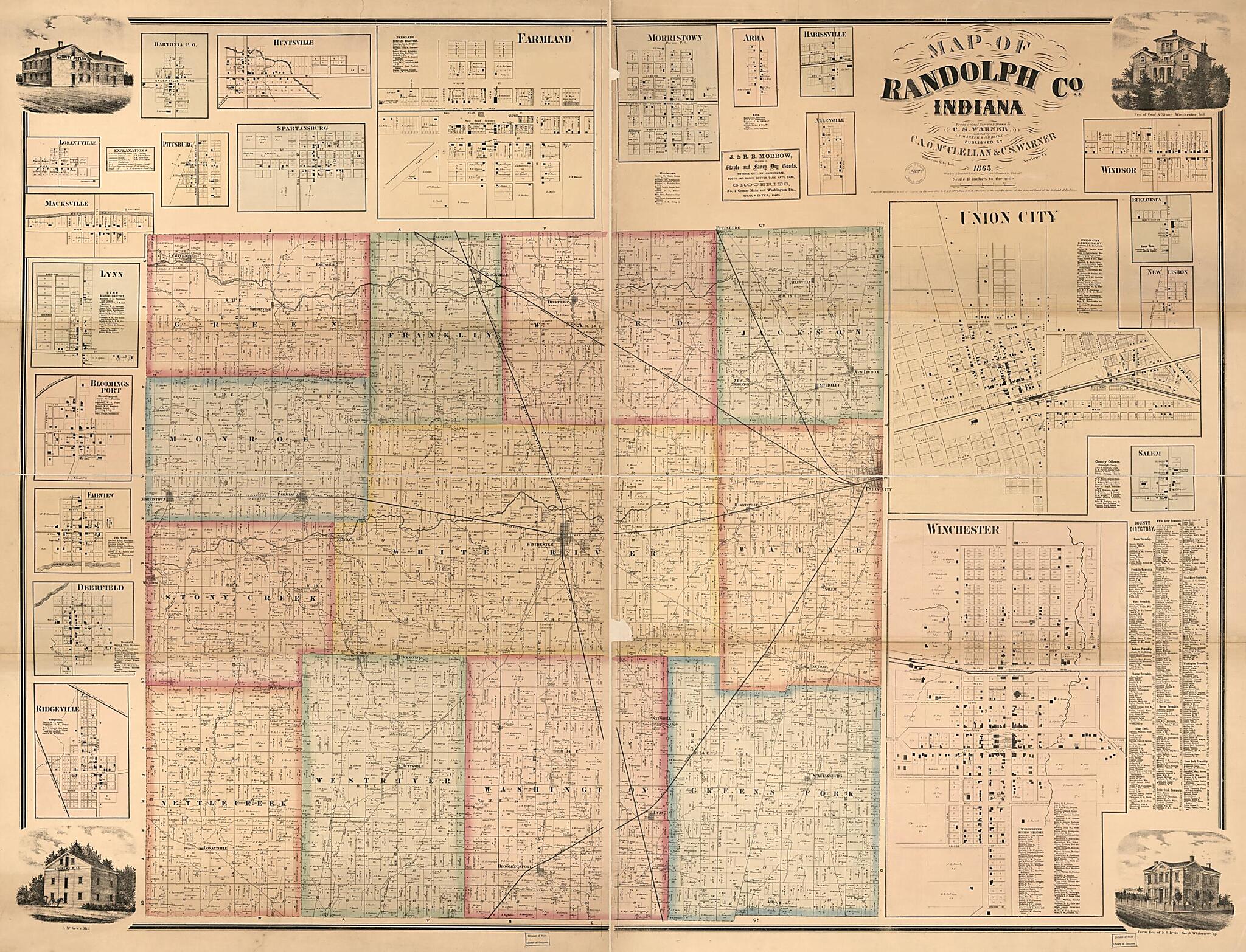 This old map of Map of Randolph County, Indiana (Map of Randolph County, Indiana) from 1865 was created by C. A. O. McClellan, C. S. Warner, L.C. Warner in 1865