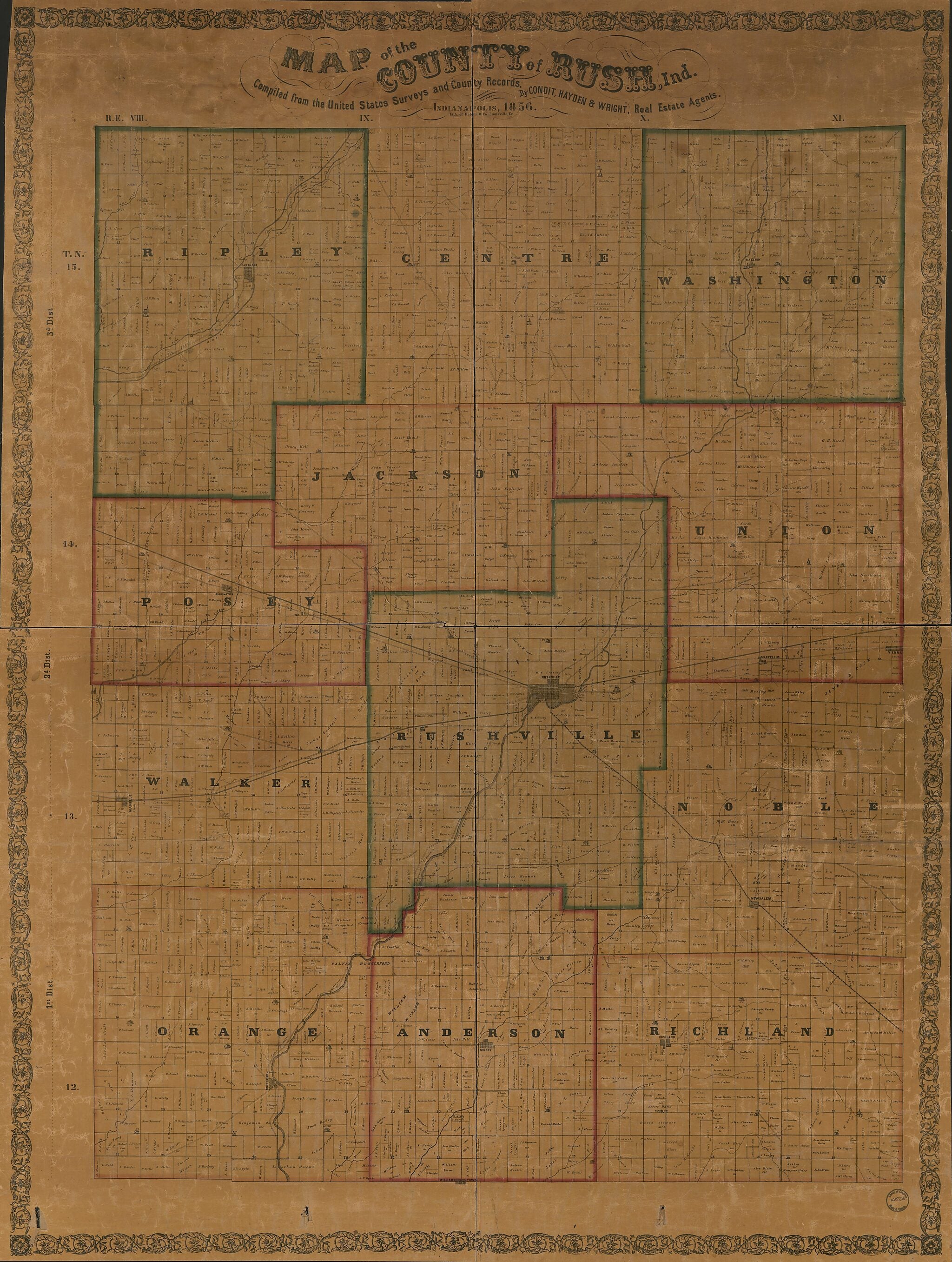 This old map of Map of the County of Rush Ind from 1866 was created by Wright & Hayden Condit, Robyn & Co in 1866