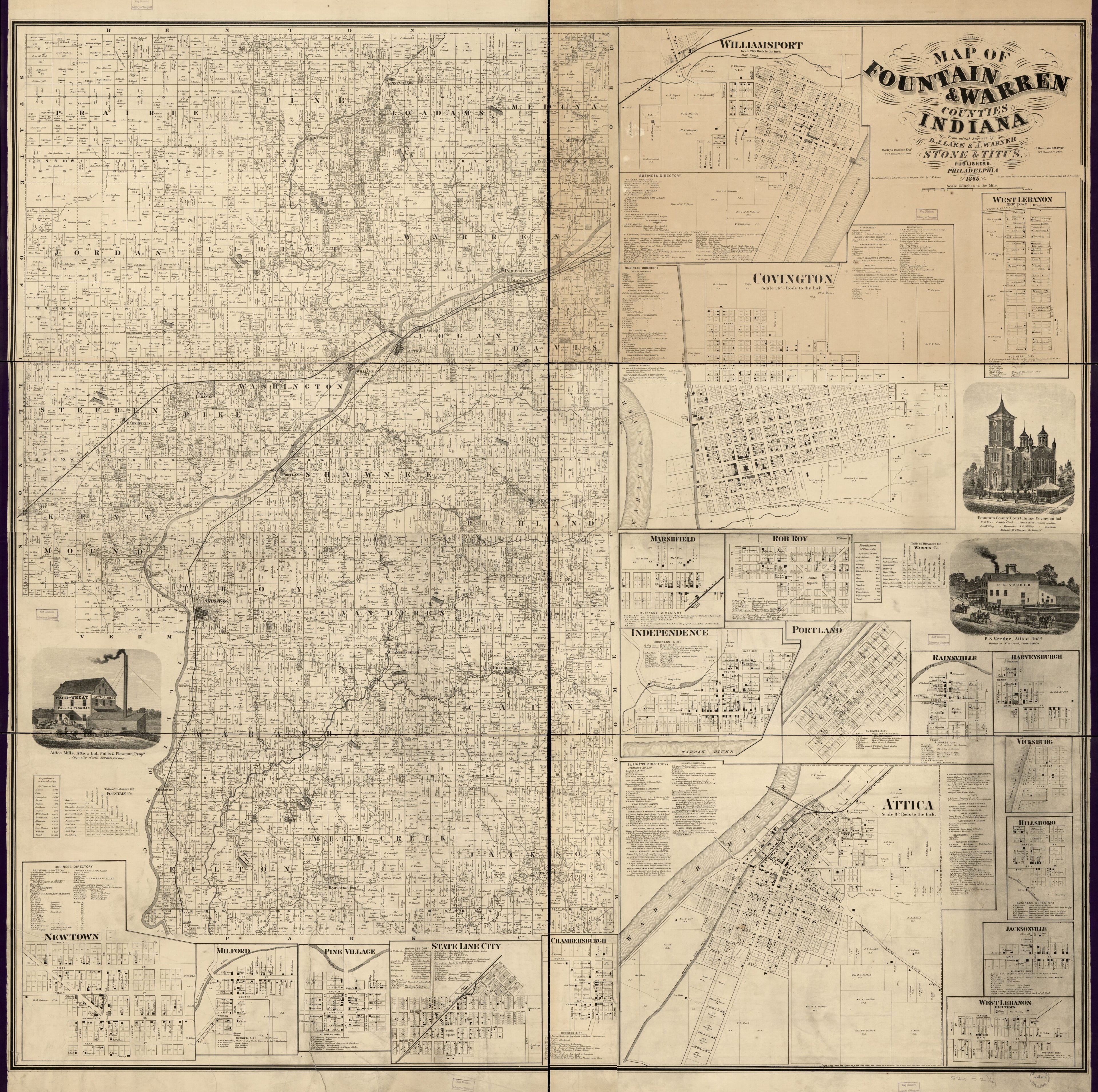 This old map of Map of Fountain & Warren Counties, Indiana (Map of Fountain and Warren Counties, Indiana) from 1865 was created by D. J. Lake, A. Warner, Worley & Bracher in 1865