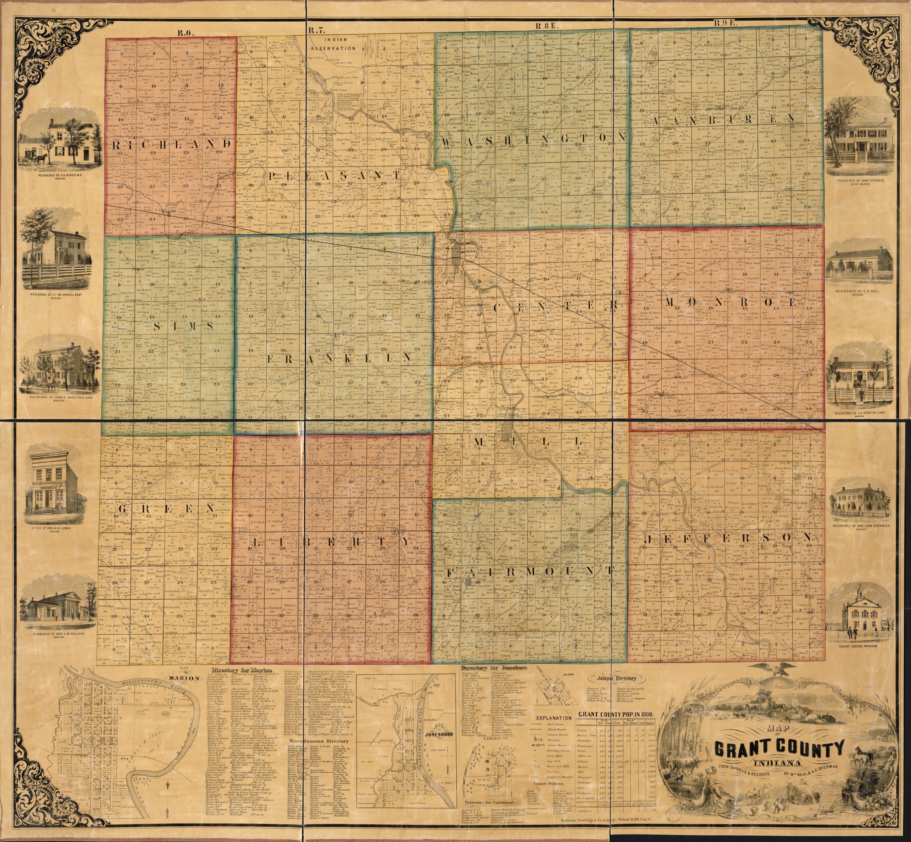 This old map of Map of Grant County, Indiana from 1861 was created by Strobridge & Co Middleton, Wm. (William) Neal in 1861