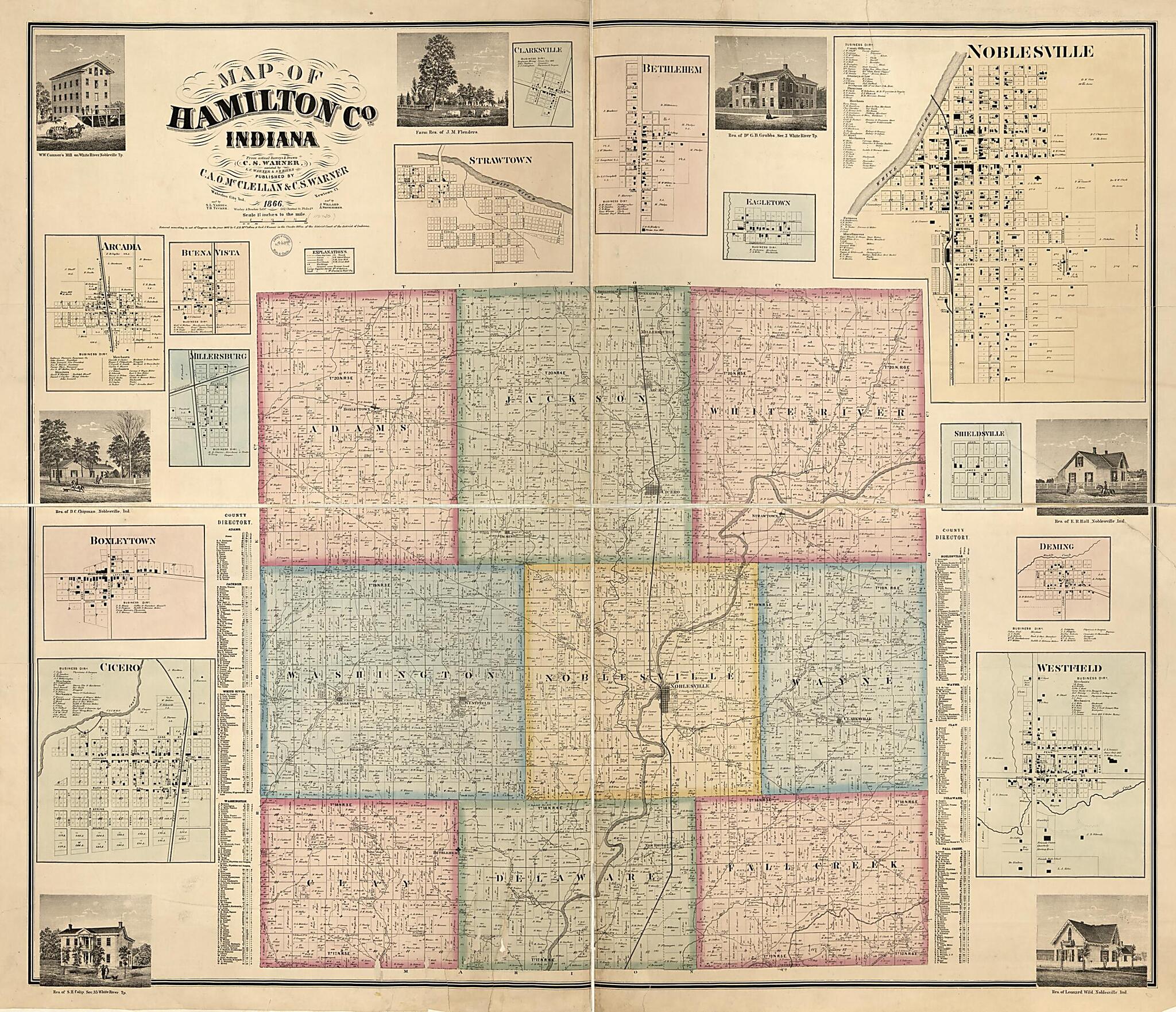 This old map of Map of Hamilton County, Indiana from 1866 was created by C. A. O. McClellan, C. S. Warner, L.C. Warner, Worley & Bracher in 1866