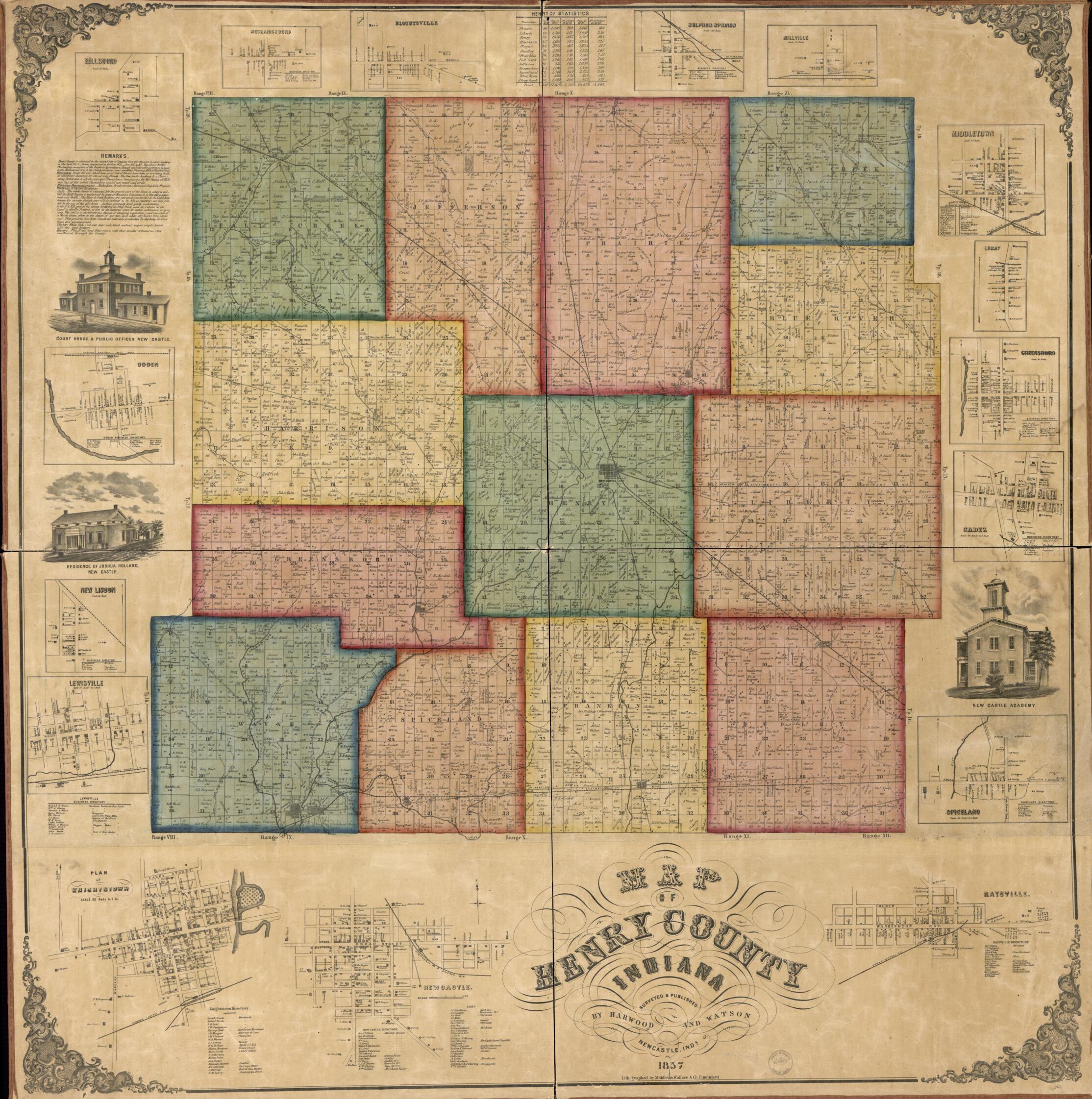 This old map of Map of Henry County, Indiana from 1857 was created by Harwood & Watson in 1857