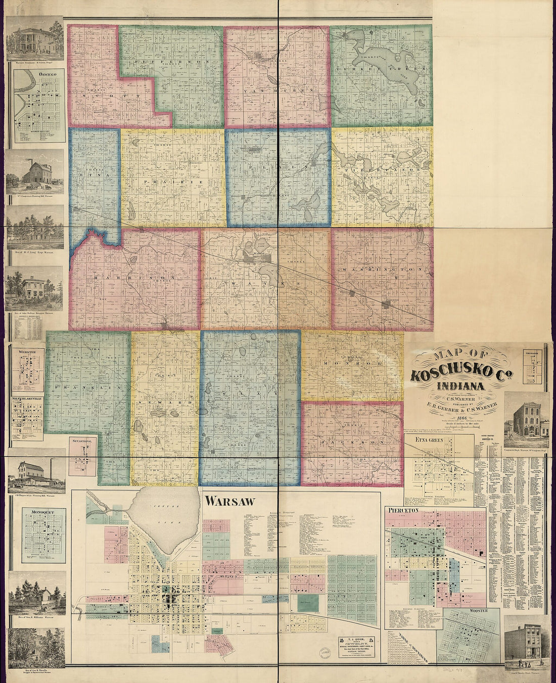 This old map of Map of Kosciusko County, Indiana (Map of Kosciusko County, Indiana) from 1866 was created by C. S. Warner, Worley & Bracher in 1866