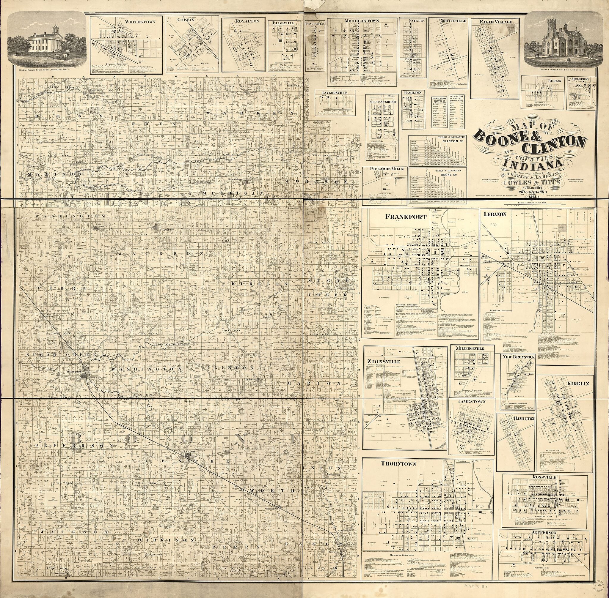 This old map of Map of Boone & Clinton Counties, Indiana from 1865 was created by F. (Frederick) Bourquin, A. Warner, Worley & Bracher in 1865