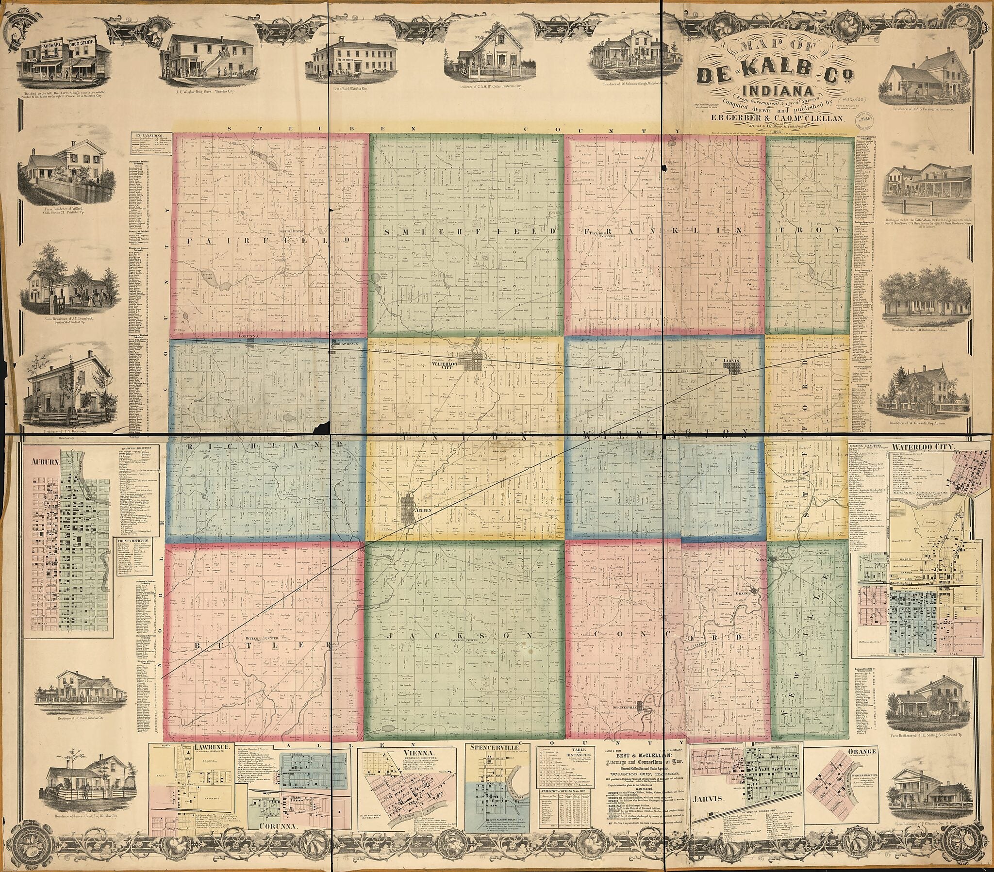 This old map of Map of De Kalb County, Indiana from 1863 was created by F. (Frederick) Bourquin, E. B. Gerber, C. A. O. McClellan, Worley & Bracher in 1863