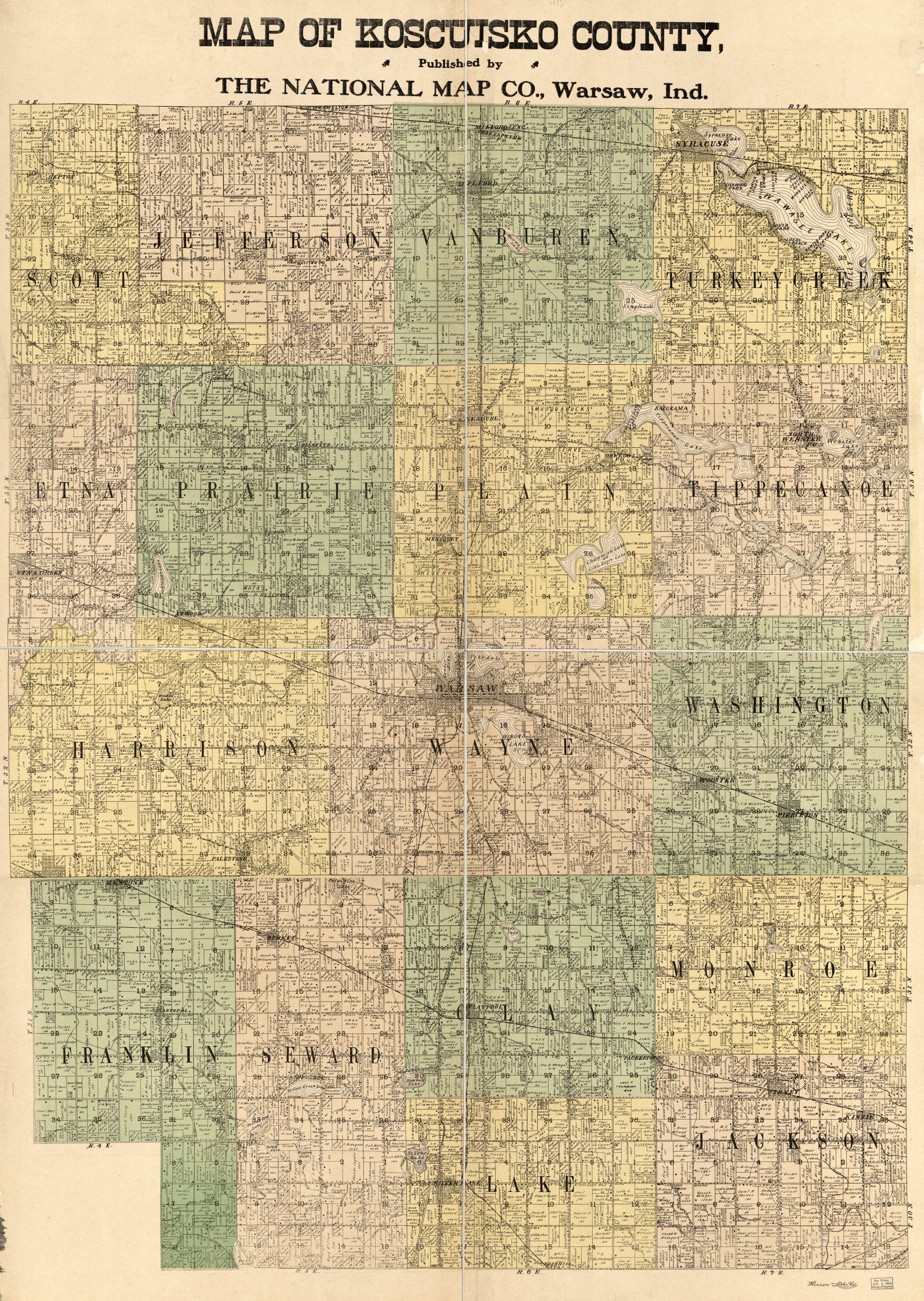 This old map of Map of Koscuisko County, Indiana from 1894 was created by National Map Company, W.W. Hixson & Co in 1894