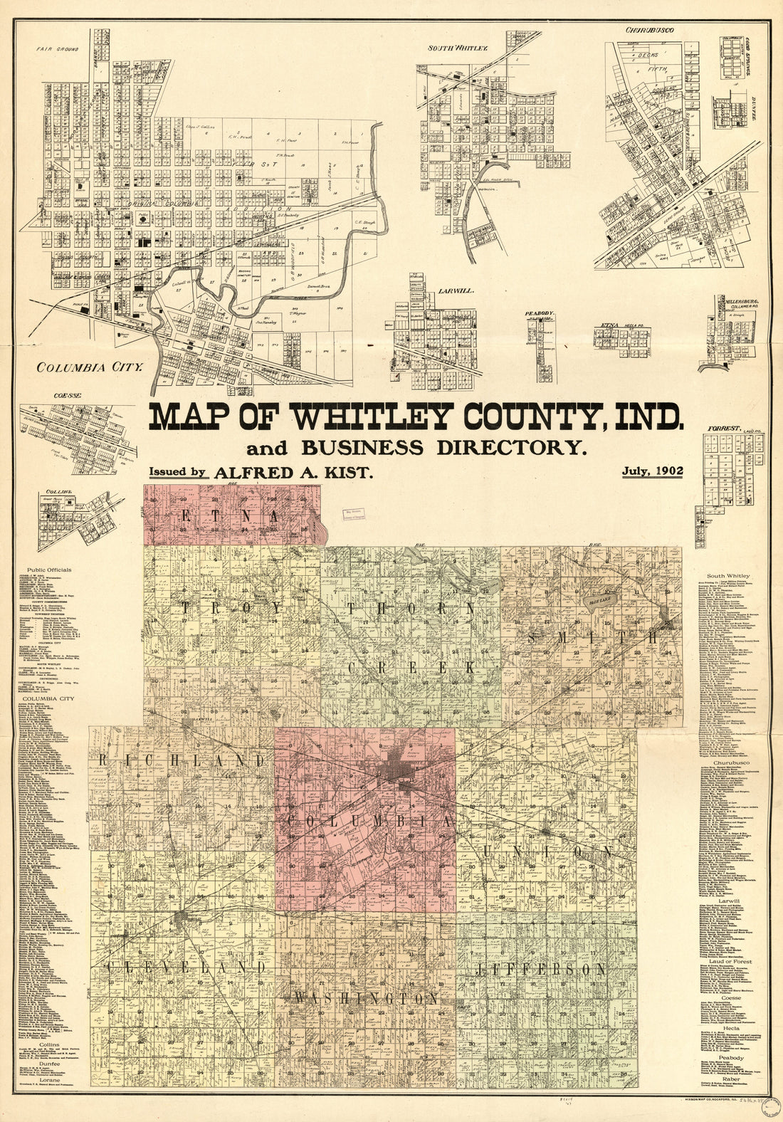 This old map of Map of Whitley County, Indiana and Business Directory from 1865 was created by F. (Frederick) Bourquin, Alfred A. Kist, Worley & Bracher in 1865