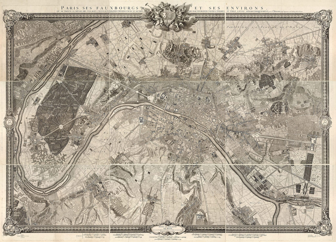This old map of Paris, Ses Fauxbourgs Et Ses Environs : Où Se Trouve Le Détail Des Villages, Châteaux, Gands Chemins Pavez, Et Autres, Des Hauteurs, Bois, Vignes, Terres, Et Prez, Levez Géometriquement from 1731 was created by Roussel in 1731