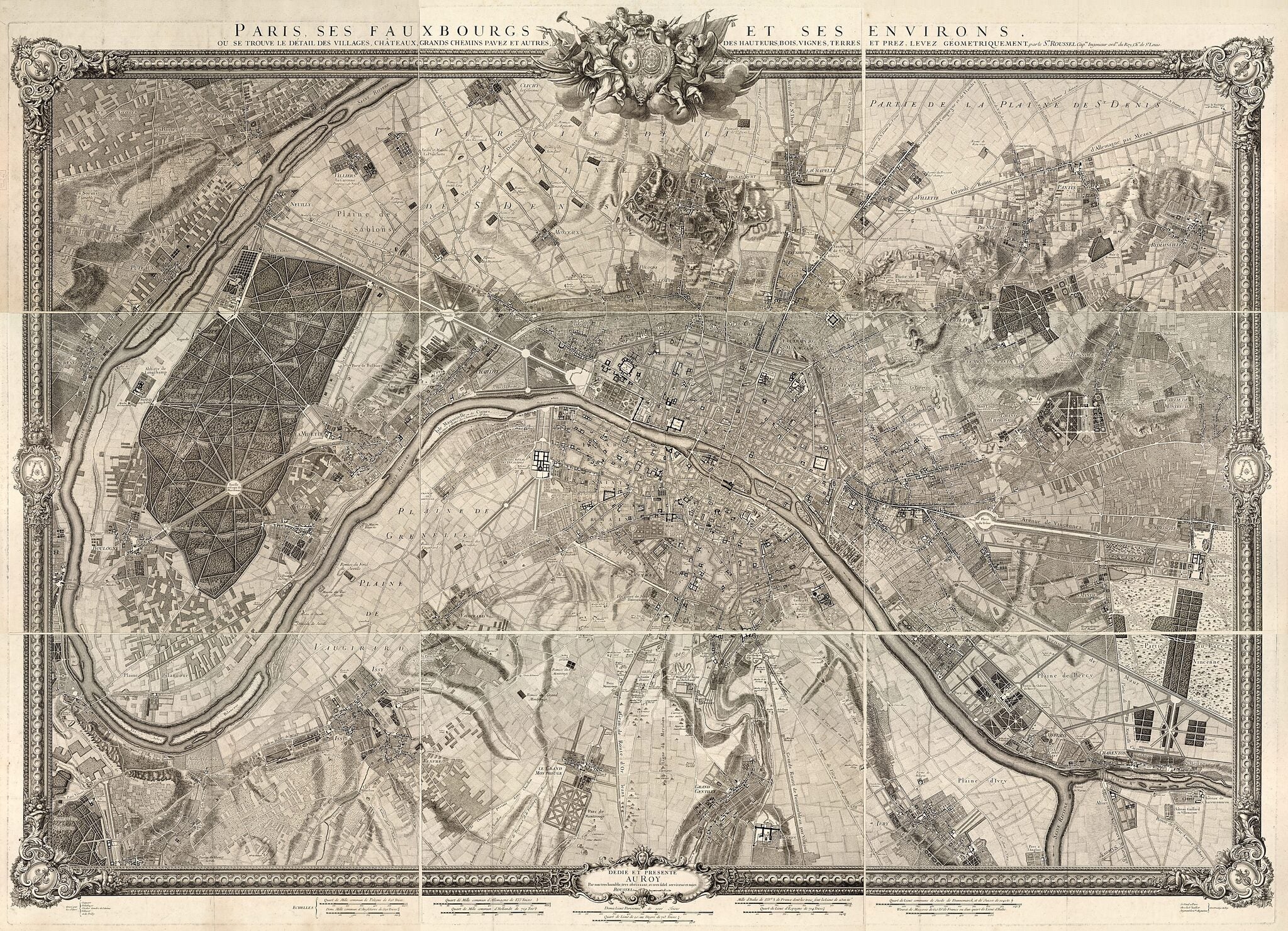 This old map of Paris, Ses Fauxbourgs Et Ses Environs : Où Se Trouve Le Détail Des Villages, Châteaux, Gands Chemins Pavez, Et Autres, Des Hauteurs, Bois, Vignes, Terres, Et Prez, Levez Géometriquement from 1731 was created by Roussel in 1731