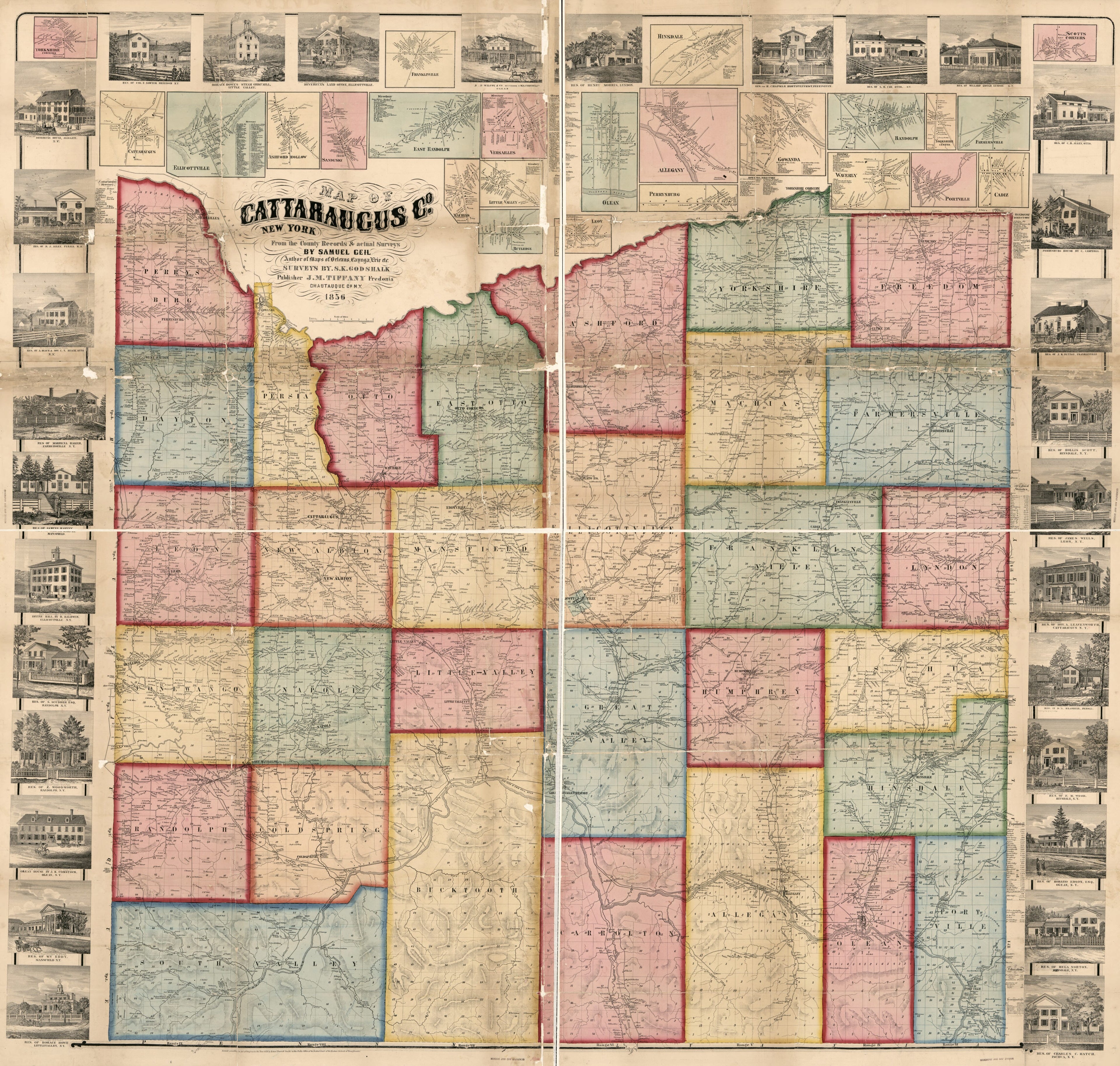 This old map of Map of Cattaraugus Co., New York : from the County Records & Actual Surveys from 1856 was created by Samuel Geil, S. K. Godshalk, Robert Pearsall Smith, J. M. Tiffany in 1856