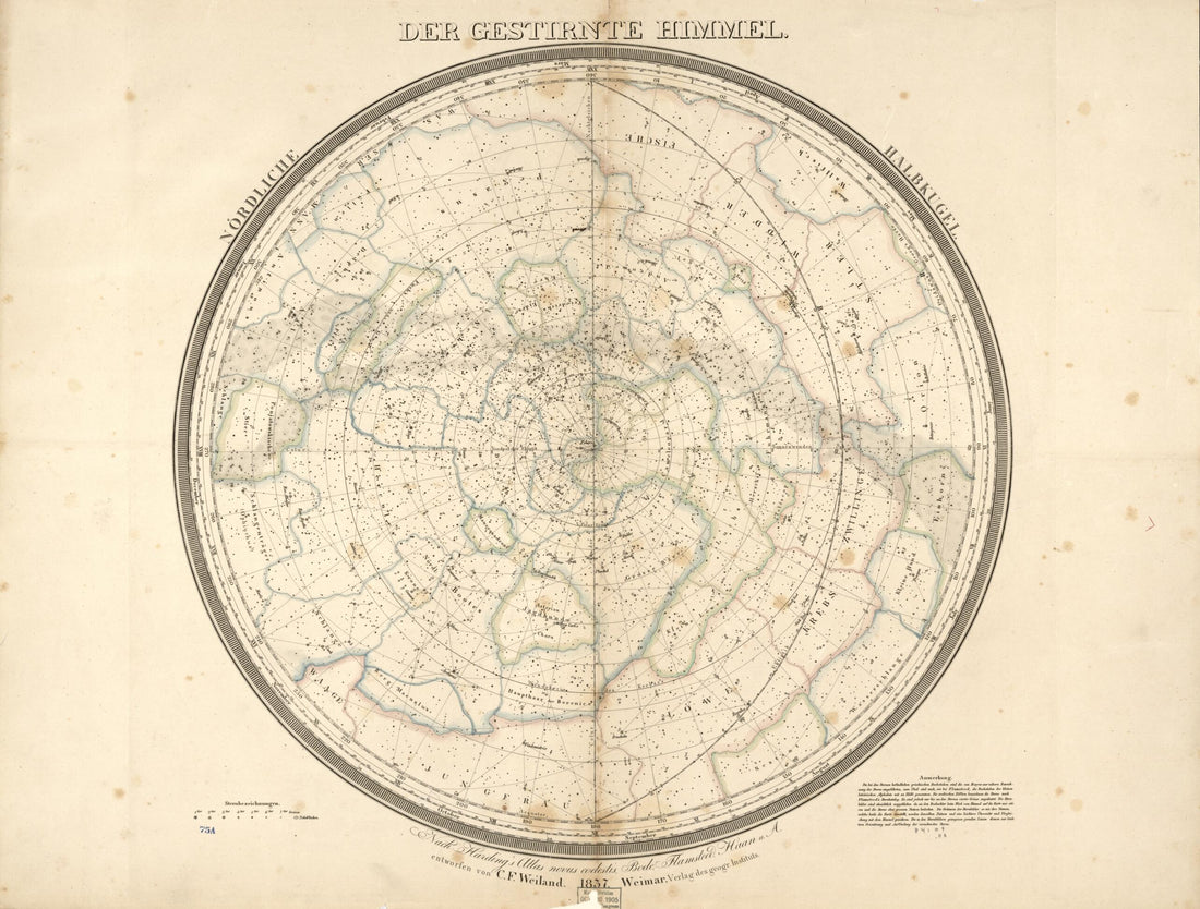 This old map of Der Gestirnte Himmel : Nördliche Halbkugel (Nördliche Halbkugel) from 1837 was created by Thuringia Geographisches Institut (Weimar, C. F. (Carl Ferdinand) Weiland in 1837