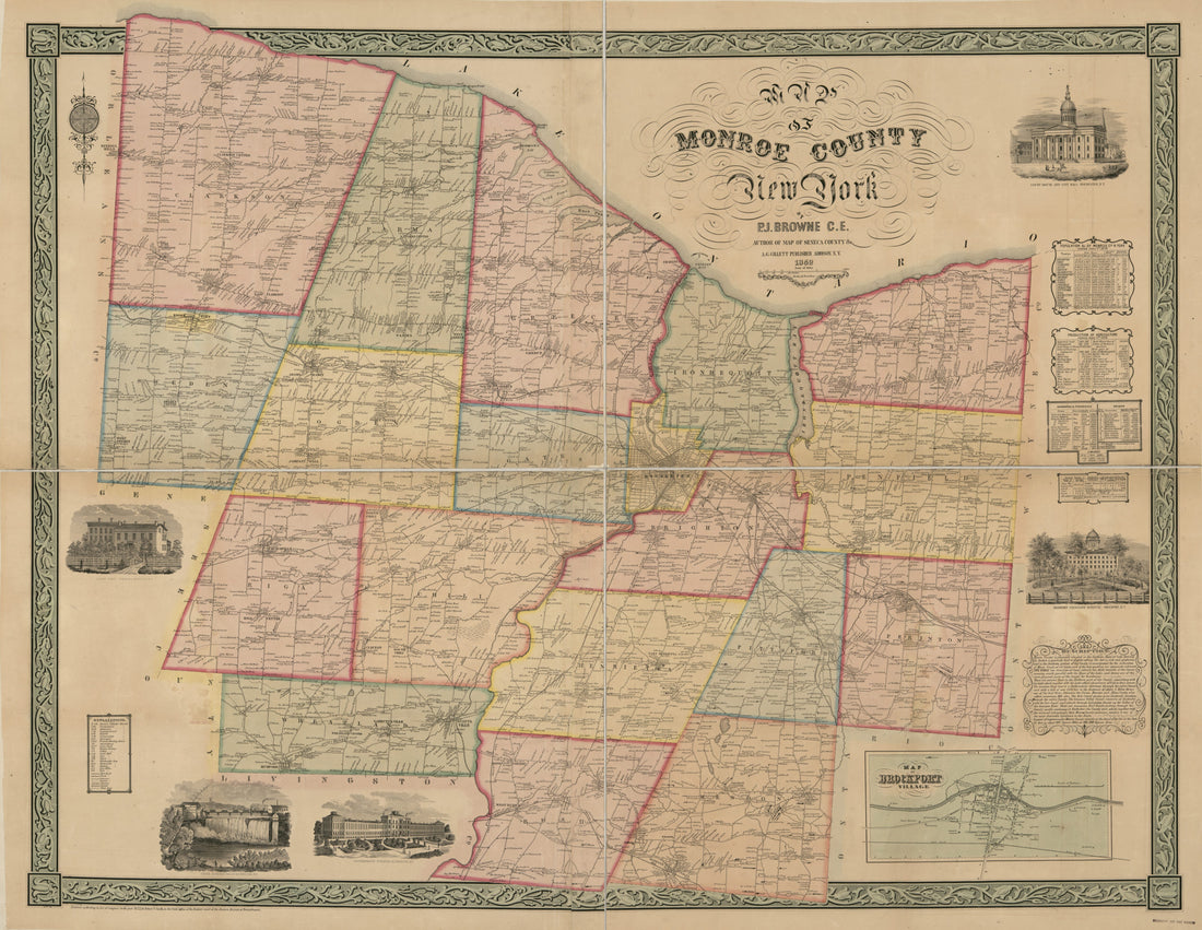This old map of Map of Monroe County, New York from 1852 was created by P. J. Browne, A. G. Gillet, Robert Pearsall Smith in 1852
