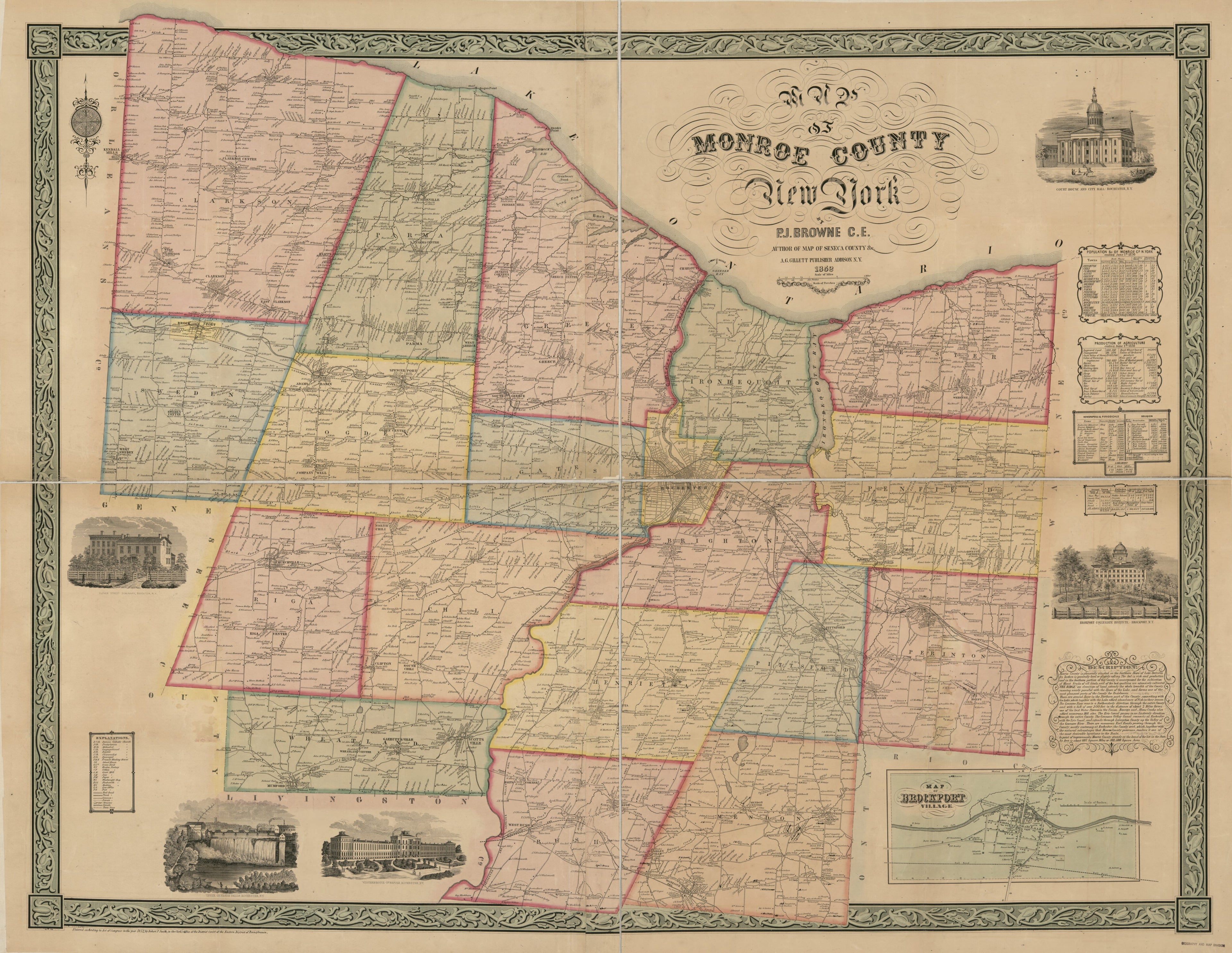 This old map of Map of Monroe County, New York from 1852 was created by P. J. Browne, A. G. Gillet, Robert Pearsall Smith in 1852