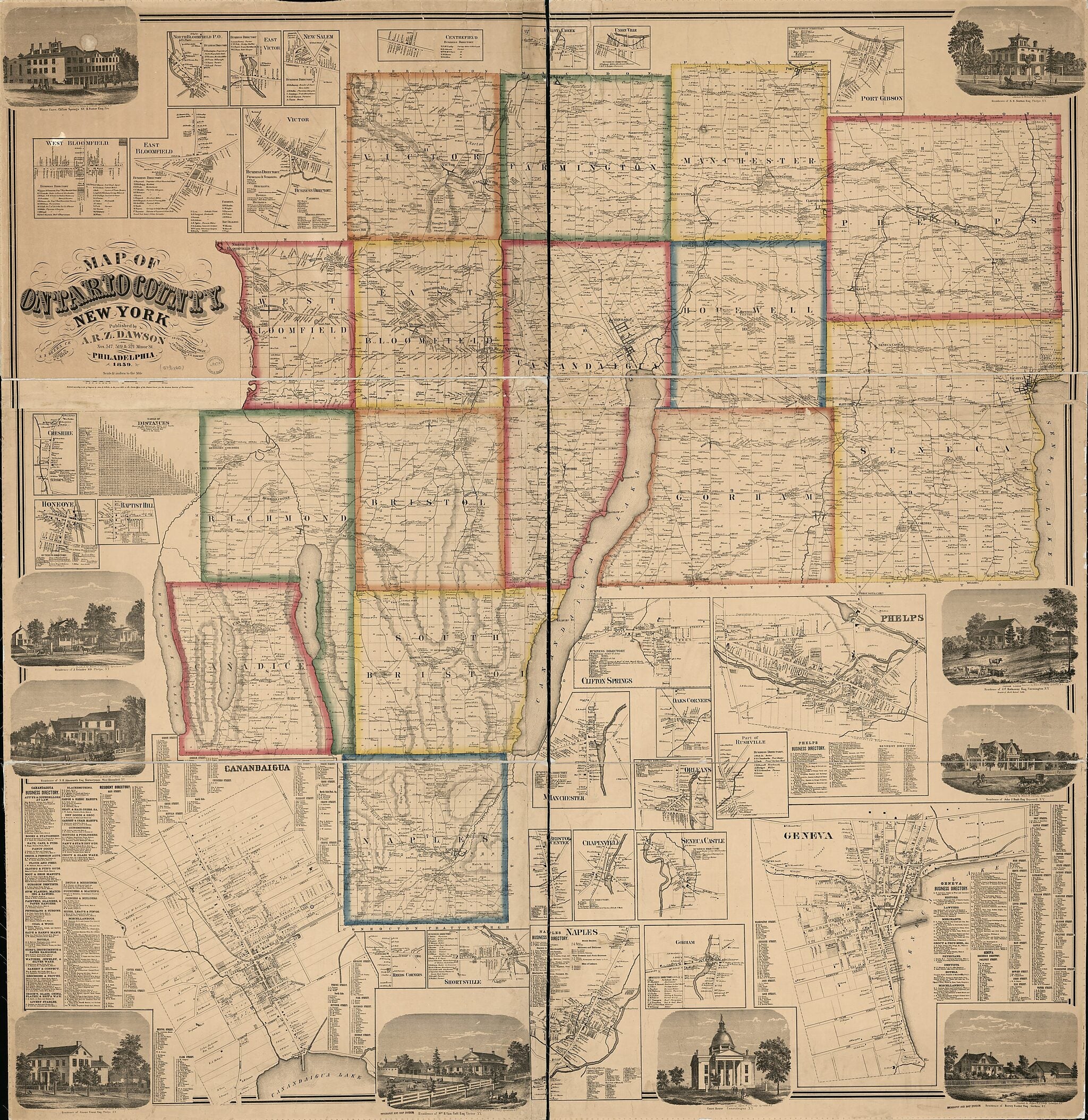 This old map of Map of Ontario County, New York from 1859 was created by D. G. (Daniel G.) Beers, S. N. Beers, A. R. Z. Dawson, John E. Gillette in 1859