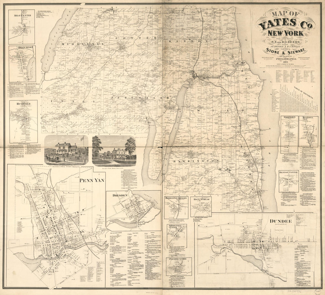 This old map of Map of Yates Co., New York : from Actual Surveys from 1865 was created by D. G. (Daniel G.) Beers, S. N. Beers, F. (Frederick) Bourquin, A. B. Prindle, Stone & Stewart, Worley & Bracher in 1865