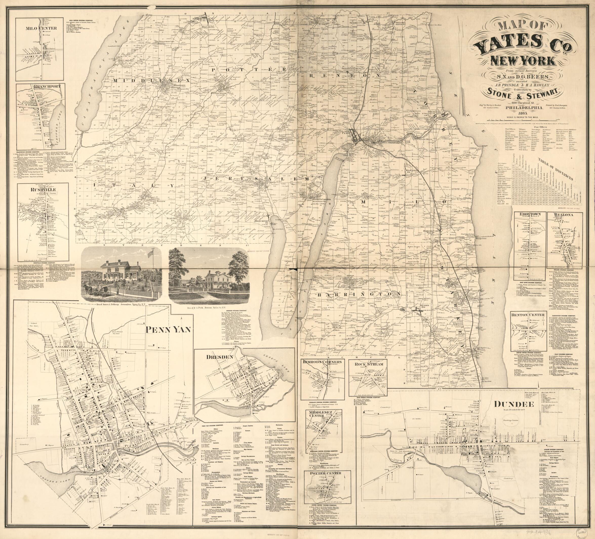This old map of Map of Yates Co., New York : from Actual Surveys from 1865 was created by D. G. (Daniel G.) Beers, S. N. Beers, F. (Frederick) Bourquin, A. B. Prindle, Stone & Stewart, Worley & Bracher in 1865